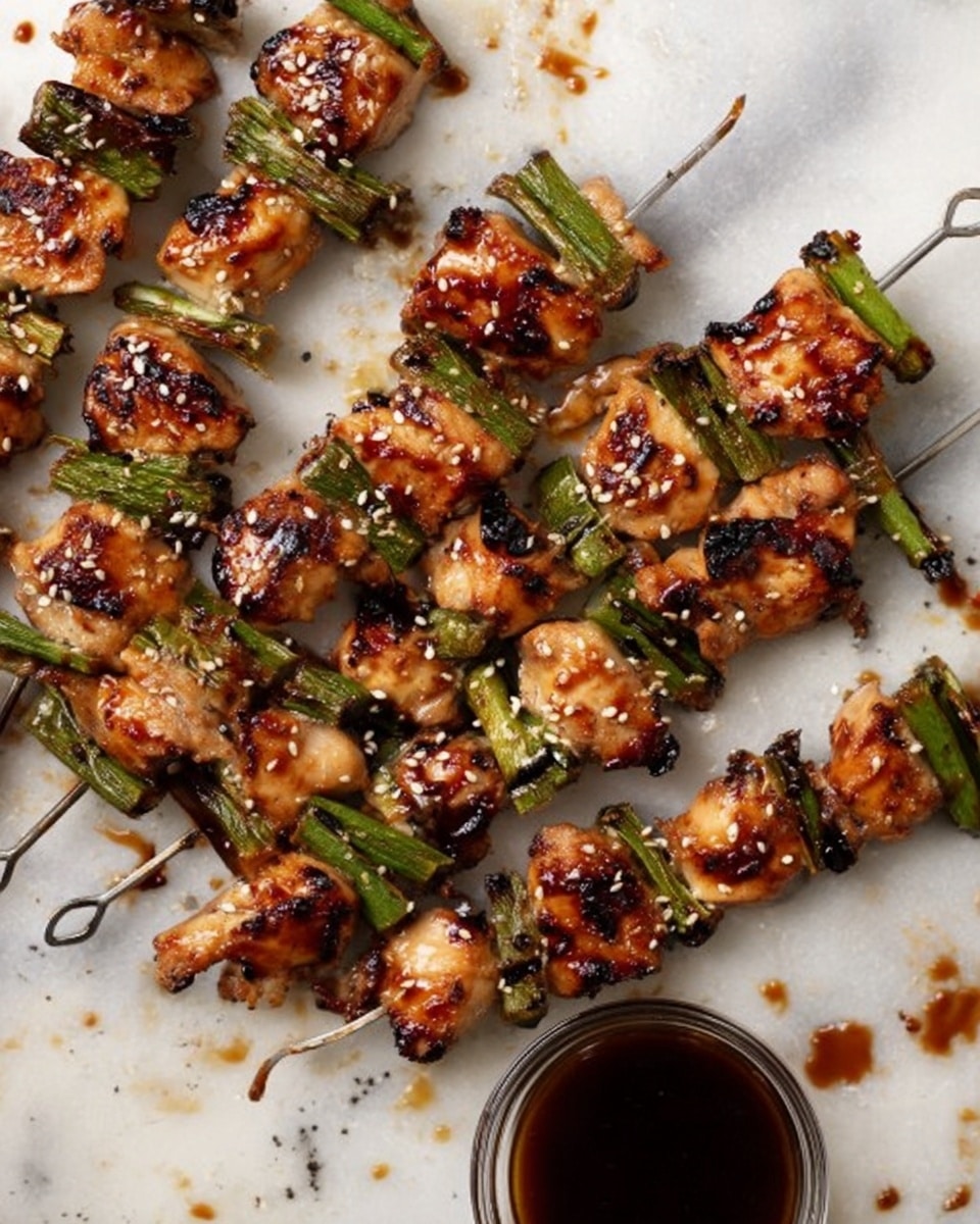 The image shows a close-up of a skewer with four layers of grilled light brown meat pieces, each having a slightly charred texture, alternating with three layers of green grilled vegetables with slight black grill marks. The skewer is held above a small clear glass bowl filled with a thick dark brown sauce. The skewer and bowl rest on a metal tray with more skewers in the background, also showing similar grilled meat and vegetables with sesame seeds sprinkled on top. The background surface is a white marbled texture. Photo taken with an iphone --ar 4:5 --v 7