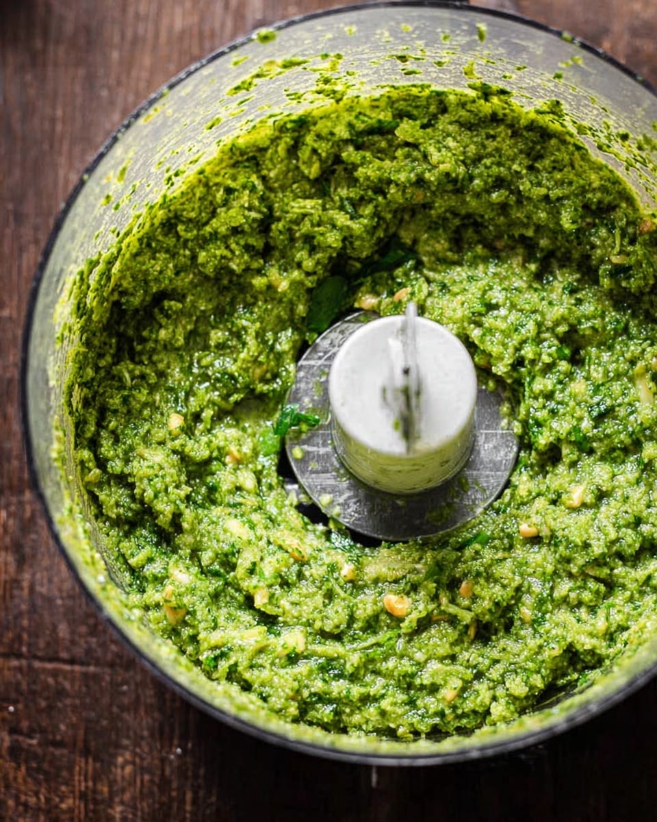 A close-up view of a food processor bowl filled with a thick, coarse green mixture that looks like pesto. The mixture has small bits of green herbs and nuts mixed throughout, creating a textured, uneven surface. The clear plastic sides of the bowl show some splatters of the green paste on the interior. The central plastic blade housing is visible and clear, standing upright in the middle of the mixture. The background shows a dark wooden surface under the food processor, which contrasts with the vibrant green paste. photo taken with an iphone --ar 4:5 --v 7