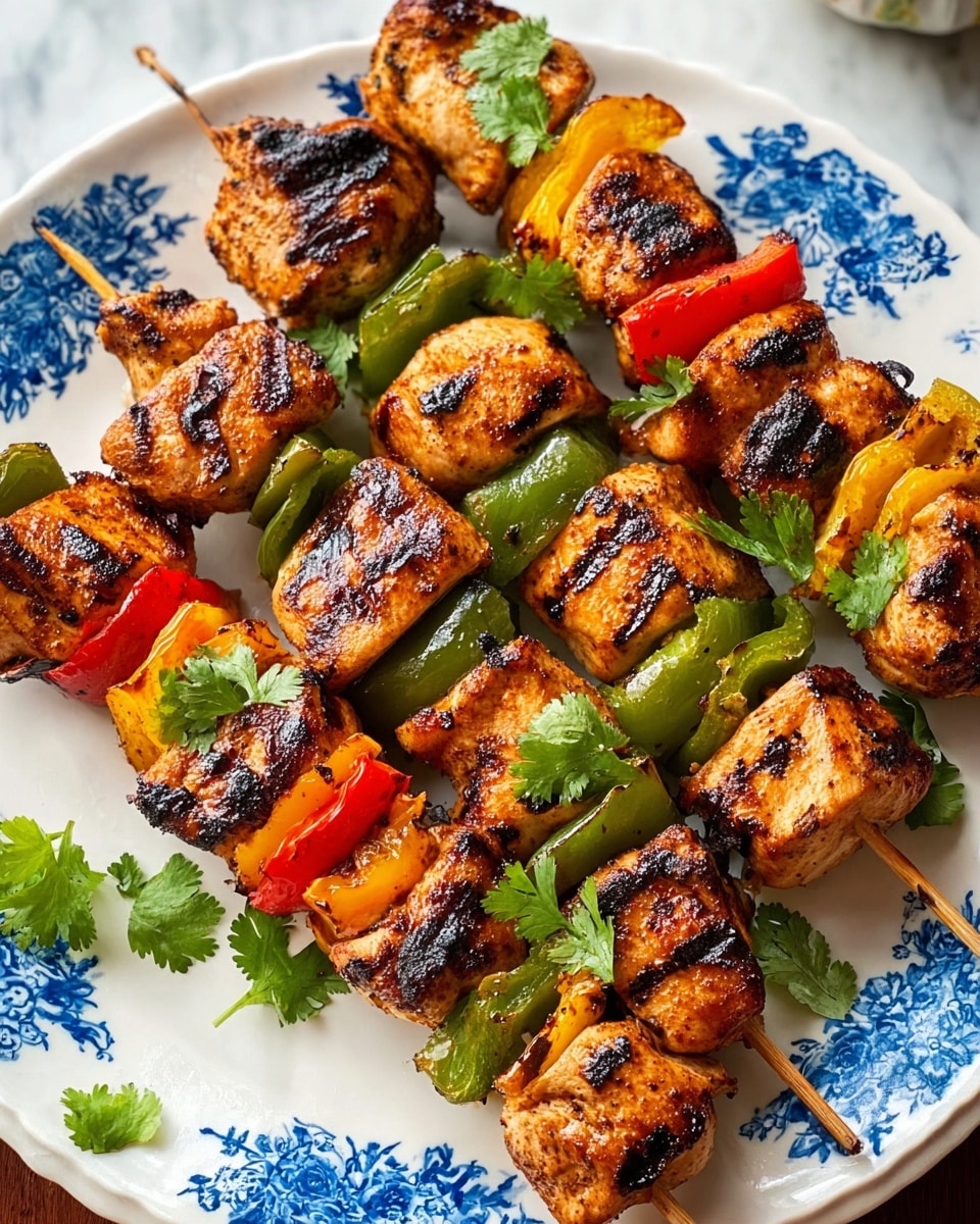 The image shows a white plate with blue floral patterns holding six grilled skewers. Each skewer has layers of golden-brown grilled chicken pieces with visible char marks, alternating with slices of red, yellow, and green bell peppers. The bell peppers are shiny and fresh-looking, adding bright colors between the warm-toned chicken chunks. Small green herb leaves decorate the skewers for extra color. The plate sits on a white marbled surface with a hint of a colorful cloth partly visible underneath. photo taken with an iphone --ar 4:5 --v 7
