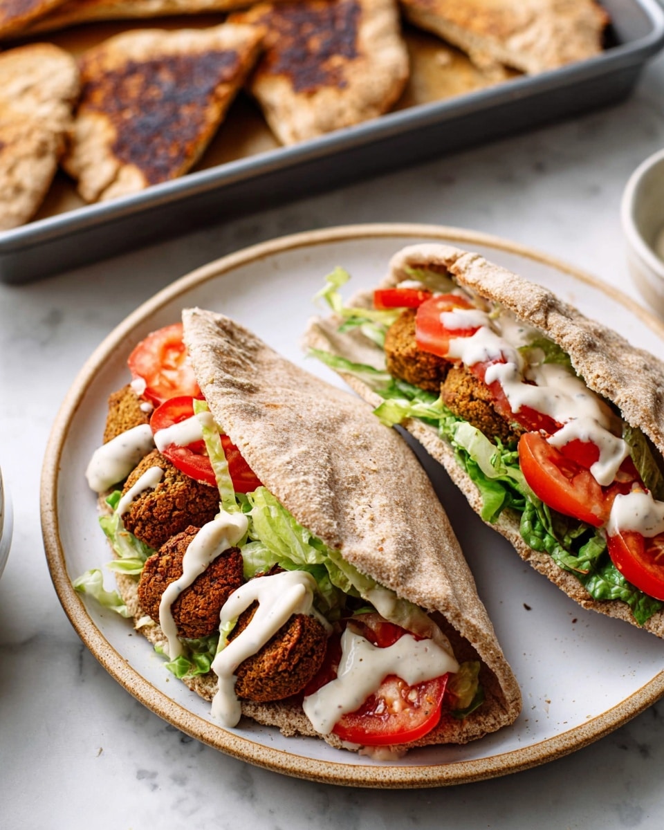 The image shows two pita pockets on a white plate placed on a white marbled surface. Each pita pocket is filled with layers starting from a base of green leafy lettuce, followed by bright red tomato slices, then golden-brown falafel pieces that have a rough texture. The top of the fillings is drizzled with a creamy white sauce that lightly covers the falafel and some tomato layers. On the side, a white baking tray holds several more falafel-filled pita pockets, with a few showing crispy browned edges and some cracks. There are a few crumbs scattered around the plate. photo taken with an iphone --ar 4:5 --v 7