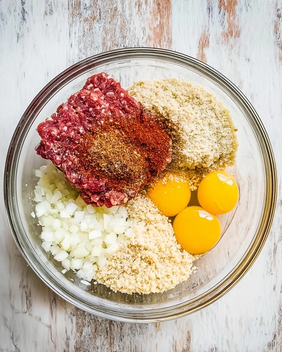 A clear glass bowl sits on a white marbled surface, filled with six distinct layers of ingredients. At the bottom left is a thick white layer of finely chopped onions, next to it on the bottom right is a light tan grainy pile of breadcrumbs. At the top right corner of the bowl are two bright yellow raw eggs with visible yolks. The middle left section contains a square block of red raw ground meat, and sitting on top of that meat is a pile of reddish-brown seasoning. The bowl’s rim is visible with the layers arranged in a neat circular pattern, all clearly separated and ready to be mixed. photo taken with an iphone --ar 4:5 --v 7