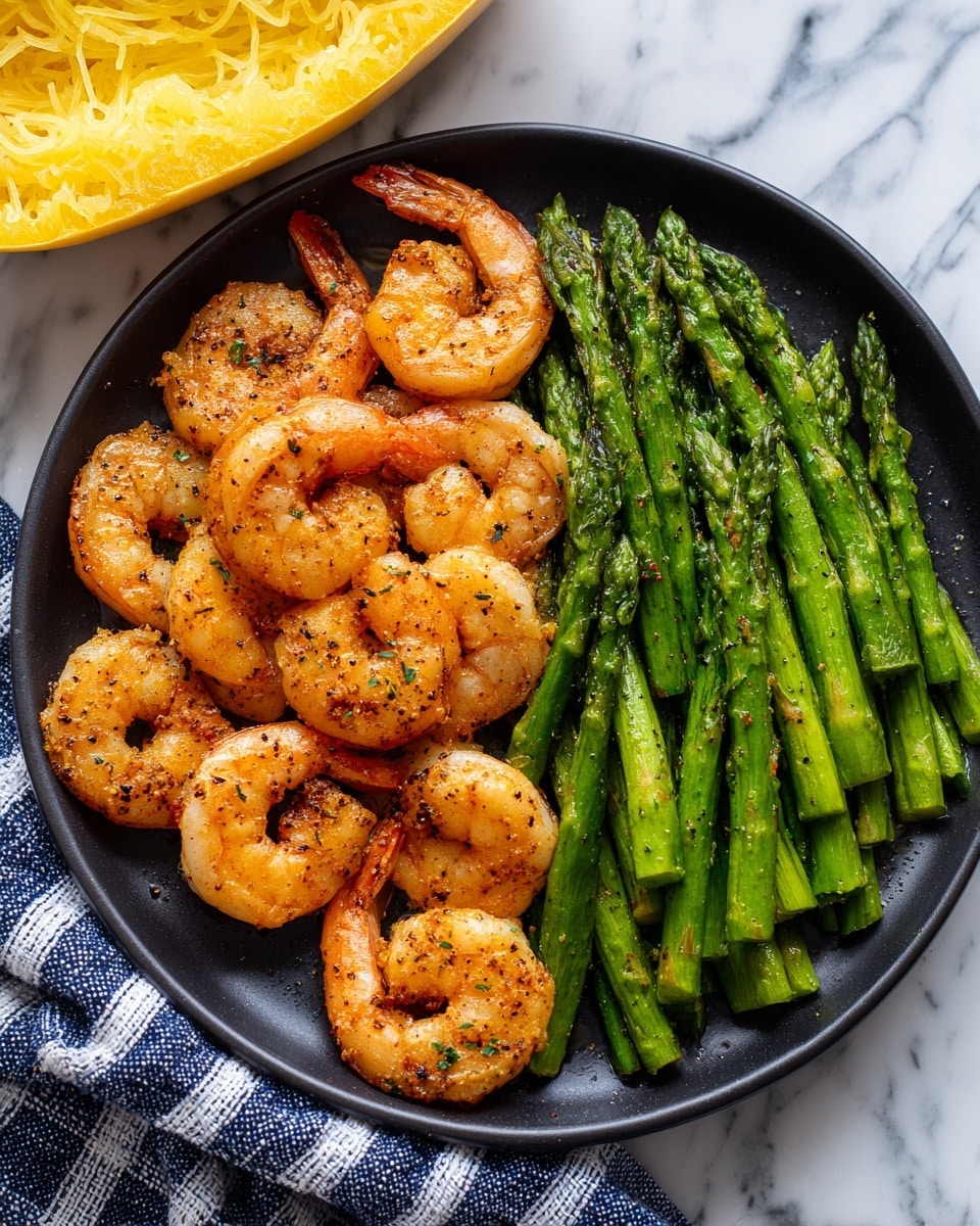 A round black pan holds cooked shrimp and green asparagus. On the left side, there are about six large shrimp arranged in a curved line, showing a mix of orange, pink, and light cream colors with specks of black seasoning. On the right side, there is a neat pile of bright green asparagus spears, cooked lightly with a shiny texture and some black seasoning. In the background, there is a half of a spaghetti squash with yellow, stringy flesh visible. The pan is placed on a white marbled surface with a blue and white checkered cloth partially under it. Photo taken with an iphone --ar 4:5 --v 7
