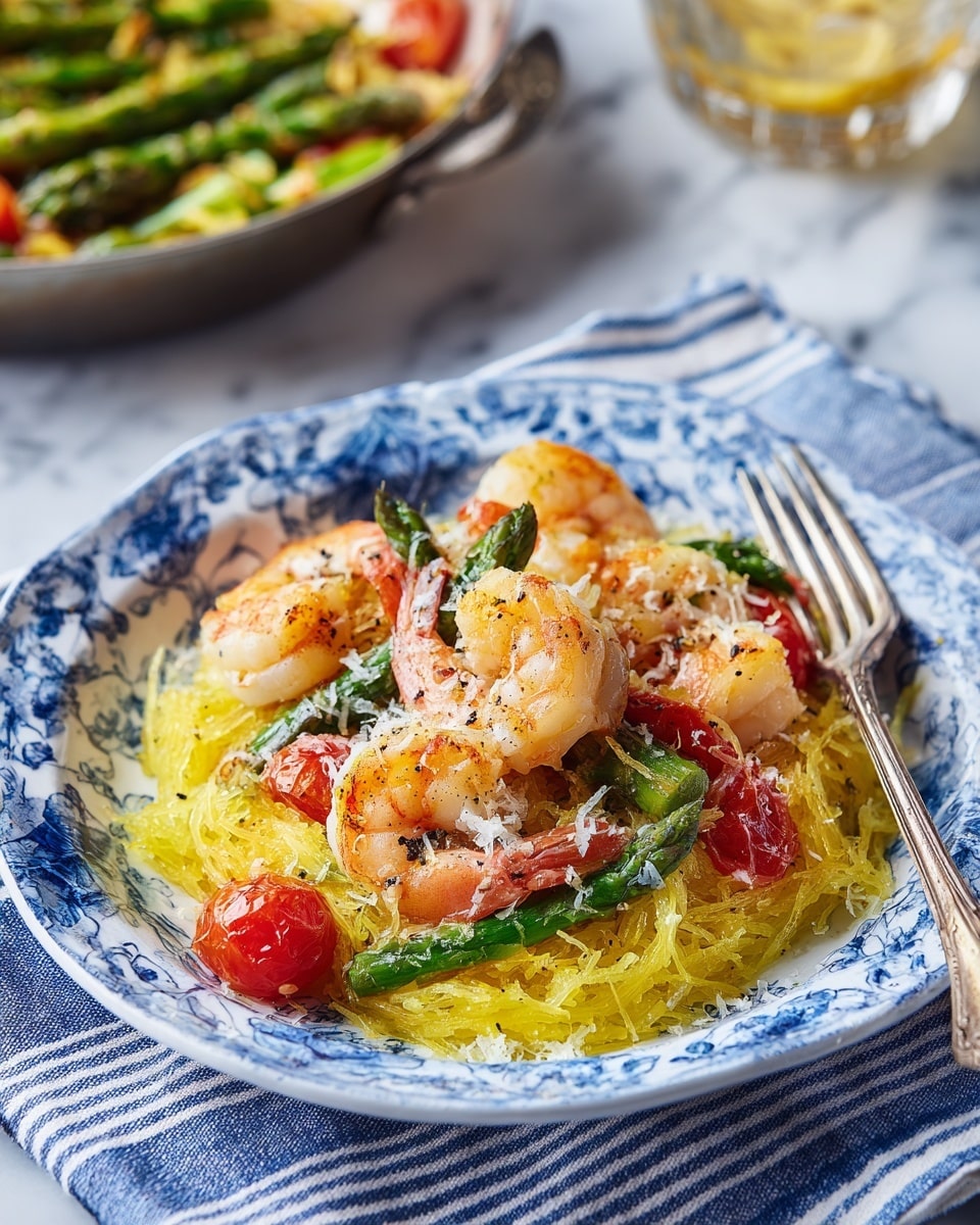 The dish shows a round plate with a blue and white pattern, filled with three main layers. The bottom layer is a yellow spaghetti squash with soft, stringy texture. The middle layer has green pieces of asparagus and red halved cherry tomatoes scattered evenly across the squash. The top layer includes three large pieces of white and lightly browned cooked shrimp. Small sprinkles of grated cheese are scattered on top, with some black pepper visible. The plate sits on a blue and white striped cloth, all placed on a white marbled surface with a fork near the plate. In the background, a pan of cooked asparagus and a glass bowl with more yellow spaghetti squash and cherry tomatoes can be seen. Photo taken with an iphone --ar 4:5 --v 7