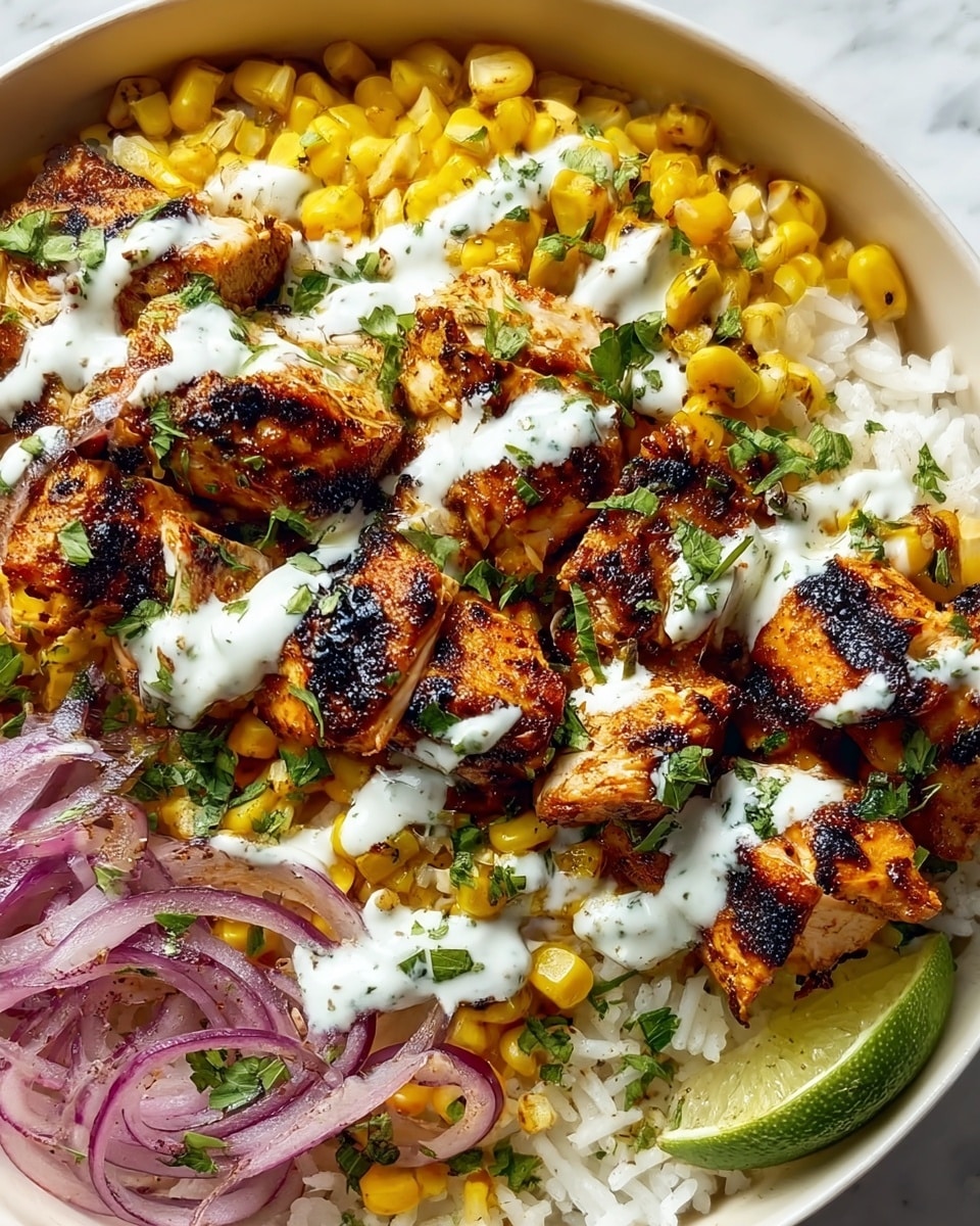 In a round wooden bowl, there is a bottom layer of fluffy white rice mixed with bright yellow corn kernels and small pieces of purple onion scattered throughout. On top of this, there are several large pieces of grilled chicken that have a deep orange and charred black crust, giving a spicy look. The chicken is drizzled with a creamy white sauce and sprinkled with fresh green chopped herbs, adding contrast and freshness. The background shows pieces of flatbread stacked, all placed on a white marbled surface. photo taken with an iphone --ar 4:5 --v 7