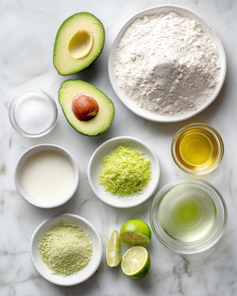 The image shows ten ingredients arranged on a white marbled surface. On the top left are two avocado halves, one with the seed, the other without, showing smooth light green flesh with darker green skin. To the right is a large shallow white plate filled with white flour, coarse and loose. Below the avocados is a small white bowl filled with fine white sugar. Next to it is a small glass filled with off-white dairy-free milk. Below the sugar is a small white bowl with yellowish lime juice. Beside that is a white plate with bright green lime zest, finely grated. Next to the lime zest is a small white bowl with a white powder mix of baking powder and soda. To the right, a round glass bowl holds clear yellow oil. Next to the oil is a white bowl with clear coconut extract. At the bottom right is a small white bowl with green food coloring inside. Each ingredient is neatly placed with space between, all seen from above. Photo taken with an iphone --ar 4:5 --v 7