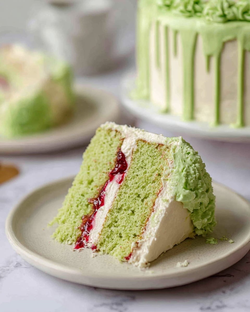 A slice of two-layer green cake is placed on a white plate with a soft texture. The cake has a thick white cream layer in the middle, with a thin red jam line inside the cream. The outside of the slice is covered with light green frosting that looks smooth. In the background, there is a piece of the same cake on another white plate and a whole cake covered in white frosting with green drizzle on top. The surface beneath the plates and cake is white marble. Photo taken with an iphone --ar 4:5 --v 7