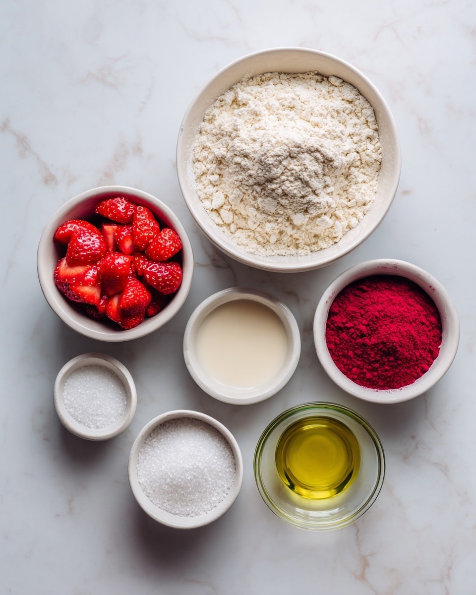 The image shows seven small white bowls arranged on a white marbled surface, each containing a different ingredient for baking. The largest bowl is filled with light beige flour that has a soft, powdery texture, placed near the top right. To its left is a smaller bowl filled with bright red fresh or frozen strawberries, sliced and textured with frost. Below the strawberries is a white bowl filled with fine white sugar crystals. Next to the sugar bowl are two tiny white bowls, one with white baking agents like baking powder and soda, and the other filled with deep magenta beetroot powder or food coloring. To the right of these is a small transparent green bowl containing clear yellow oil. Finally, there is a small white bowl holding a light beige creamy dairy-free milk. Everything is neatly arranged with clear labeling, set on the white marbled surface. photo taken with an iphone --ar 4:5 --v 7