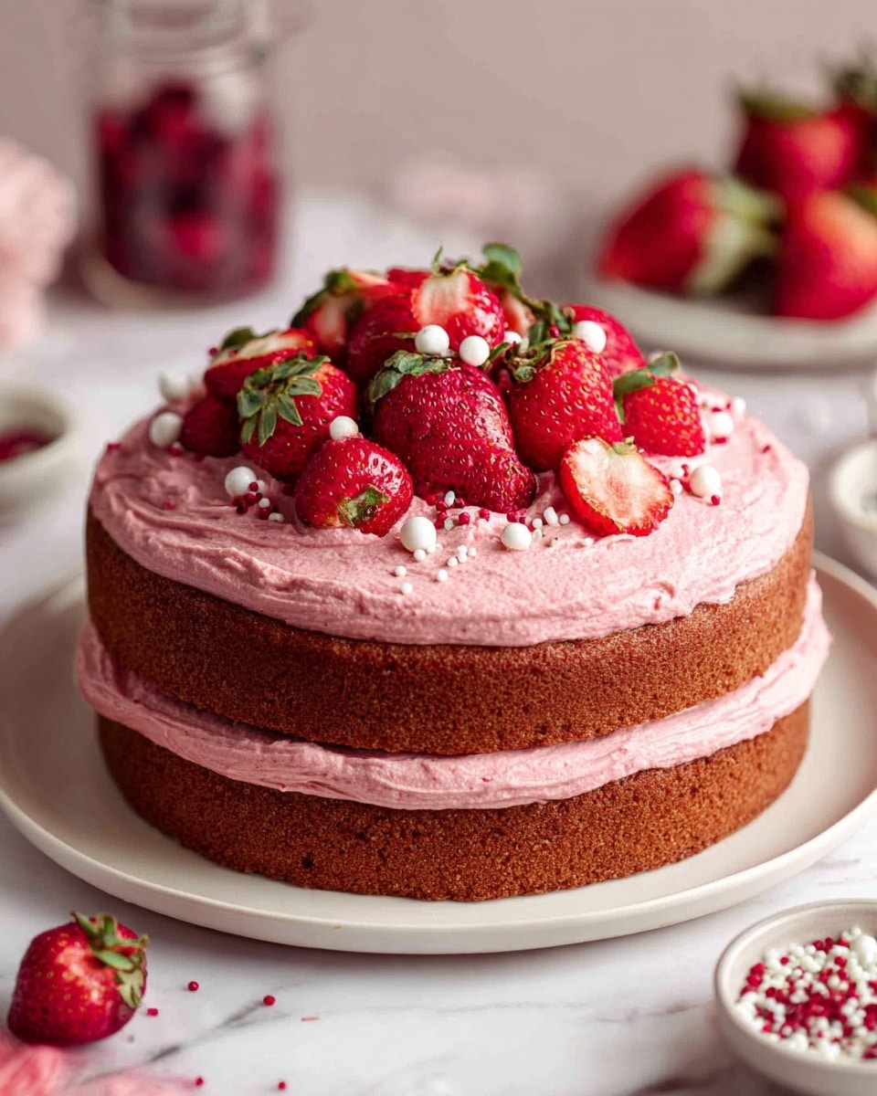 The image shows a two-layer round cake on a white plate. The cake layers are brown with a smooth texture. Between the layers and on top is a thick layer of pink frosting with a slightly whipped look. On the top layer, there are fresh red strawberries, some cut in half, with green tops. Small white round sprinkles are scattered over the strawberries and frosting. The cake is placed on a white marbled surface, with some strawberries and a jar with red berries blurred in the background. Photo taken with an iphone --ar 4:5 --v 7