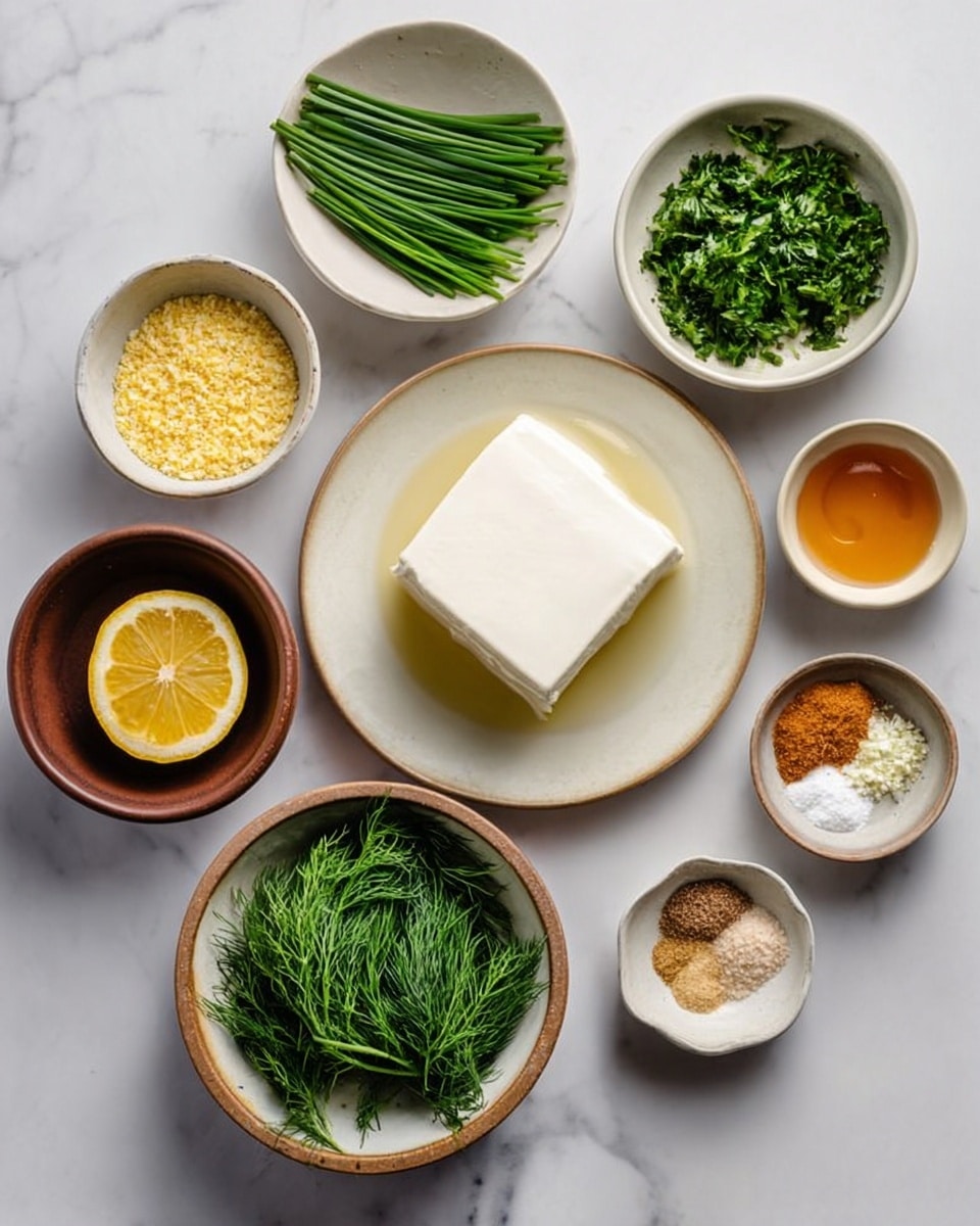 The image shows eight small white bowls with different ingredients arranged on a white marbled surface. In the center, there is a plate holding a block of white tofu sitting in liquid. Above it, there is a bowl with green chopped parsley, and to its left, a bowl with long green chives. Below the tofu plate, there is a bowl filled with green dill leaves. To the right of the tofu plate, there are three smaller bowls in a vertical line: the top one has a small amount of light brown honey, the middle one contains a mixture of white, light brown, and yellow powder spices, and the bottom one holds a small pile of ground brown spice. To the bottom left of the tofu plate, there is a brown bowl with a lemon slice. To the left of the lemon slice bowl, there is a bowl with yellow breadcrumbs or cornmeal. Photo taken with an iphone --ar 4:5 --v 7