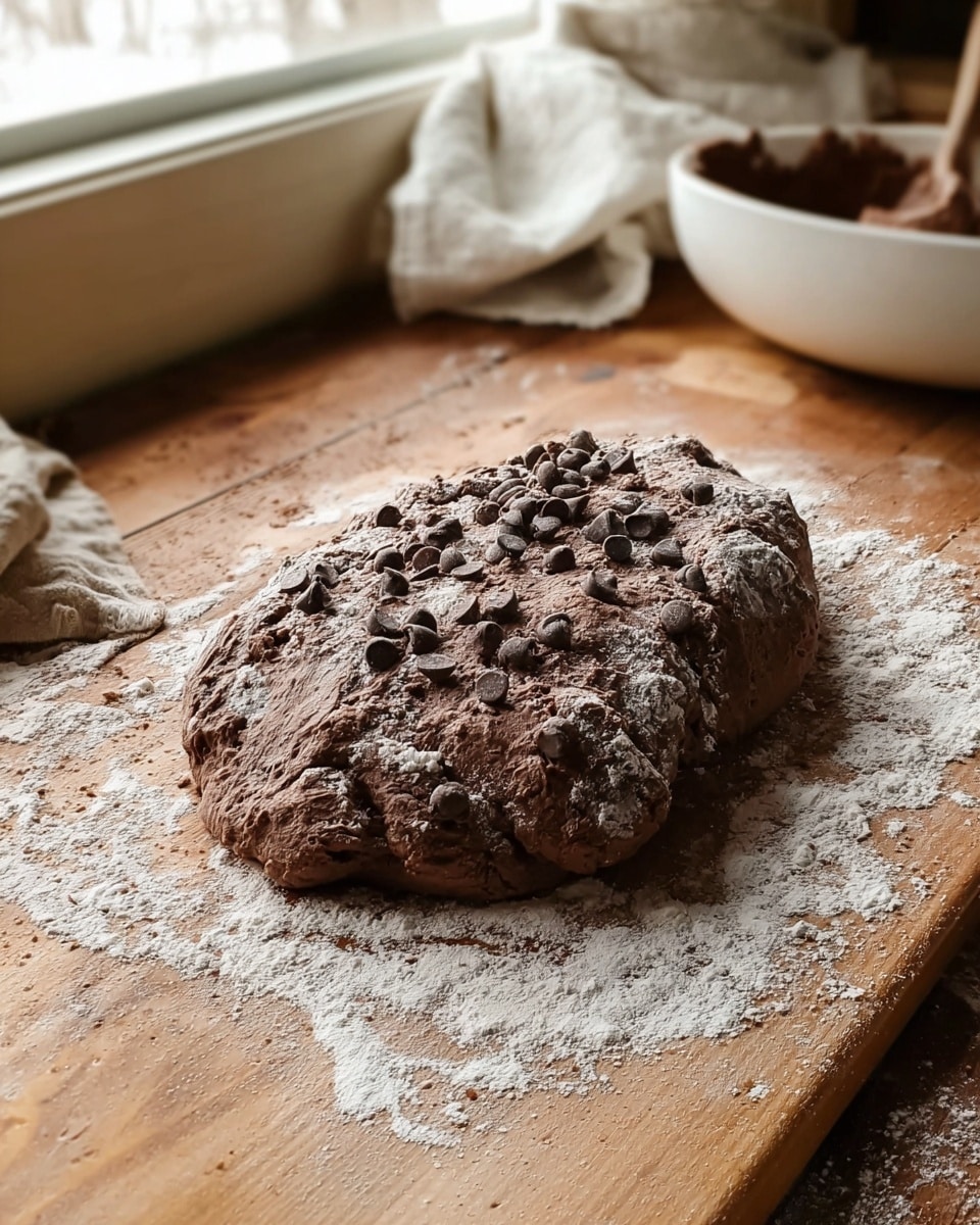 A rough, irregularly shaped piece of dark brown dough sprinkled with white flour lies on a wooden surface. The dough is covered with small and medium-sized dark chocolate chips pressed slightly into the top. The background includes a large white bowl that contains some remnants of chocolate dough mixture and a wooden spoon inside it. Nearby, a glass and a white cloth are casually placed beside a window with natural light coming in. The overall scene looks like a cozy kitchen with a natural, unfinished look. photo taken with an iphone --ar 4:5 --v 7