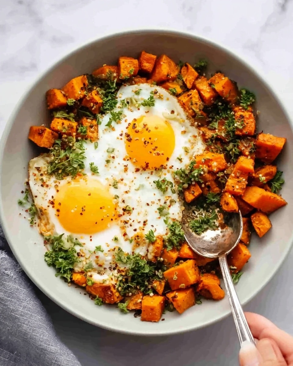 The image shows a white bowl filled with a colorful dish. At the bottom, there are small cubes of vibrant orange roasted sweet potatoes. On top of the sweet potatoes, there are two sunny-side-up eggs with bright yellow yolks and smooth white edges. The eggs are sprinkled with chopped green herbs and small bits of seasoning that add texture and color contrast. A woman's hand is holding a metallic spoon in the bowl. The bowl is placed on a white marbled surface. photo taken with an iphone --ar 4:5 --v 7