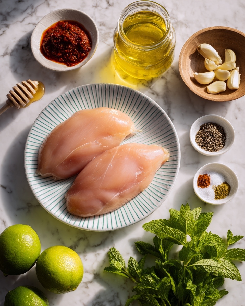 The image shows two large, pale pink chicken breasts placed on a white plate with light blue lines around the edge, positioned at the center on a white marbled surface. Above the plate, there is a clear glass jar filled with golden olive oil next to a small white bowl containing honey with a honey dipper resting inside. To the right of the olive oil is a small wooden bowl holding three peeled garlic cloves. Below the plate to the left, there are three green limes, two of which are sliced in half showing their juicy interiors. Next to the limes, a small white bowl contains four layers of spices: black pepper, dark red powder, white salt, and brown powder. At the bottom right of the plate, a bright green bunch of fresh mint leaves rests on the marbled surface. On the upper left, a small clear bowl contains deep red harissa paste with a smooth texture. The scene is lit softly with natural light, highlighting the freshness and textures of the ingredients, photo taken with an iphone --ar 4:5 --v 7