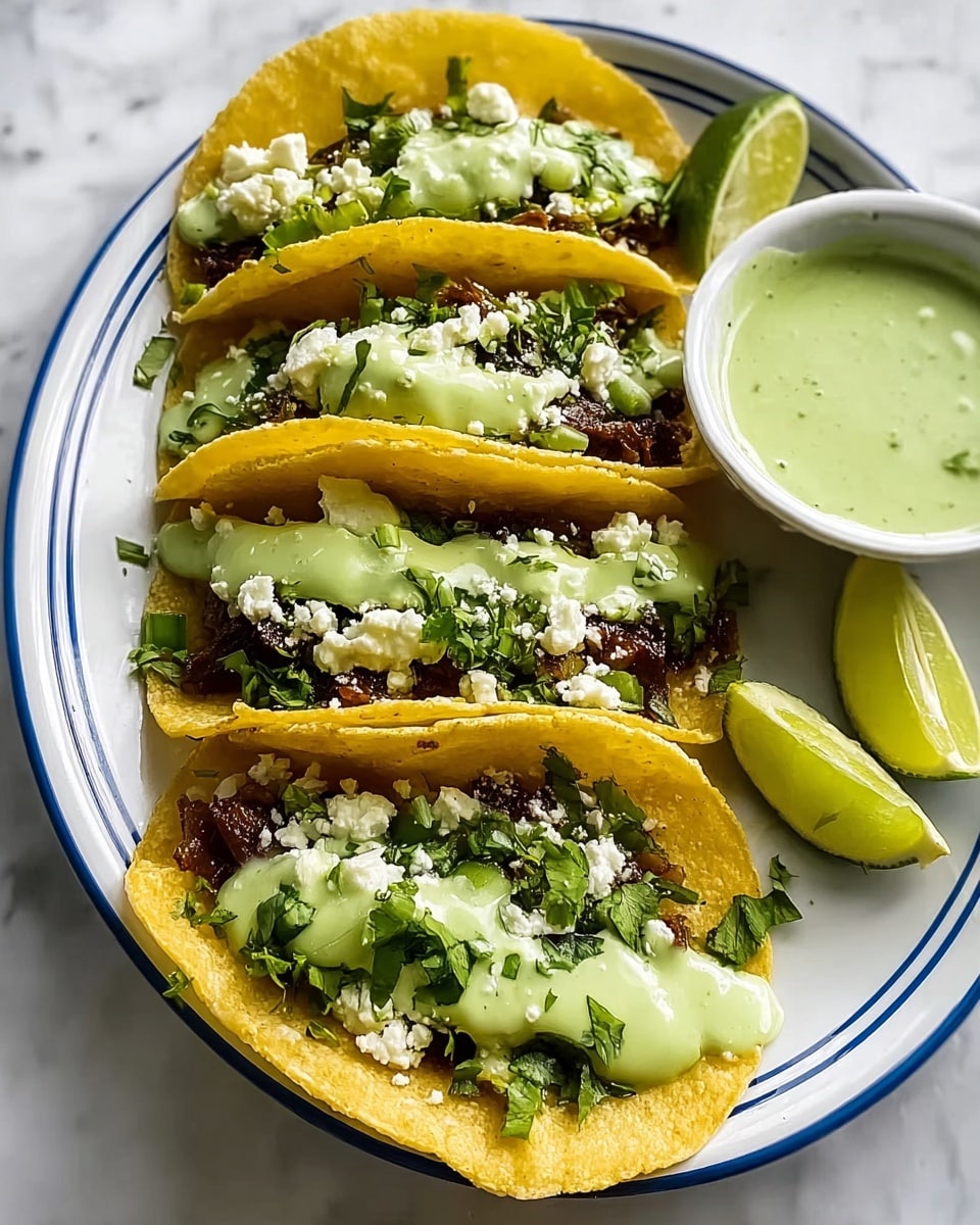 Four tacos are arranged side by side on a white plate with a blue rim, placed on a white marbled surface. Each taco has a soft, yellow corn tortilla base that is slightly folded. The first visible layer inside the tortillas is dark brown cooked meat, topped with fresh green chopped cilantro and crumbly white cheese. A thick pale green sauce with a creamy texture is generously drizzled over the top of each taco. On the plate near the tacos, there are two lime wedges and a small white bowl filled with more pale green sauce. The whole scene looks fresh and colorful. Photo taken with an iphone --ar 4:5 --v 7