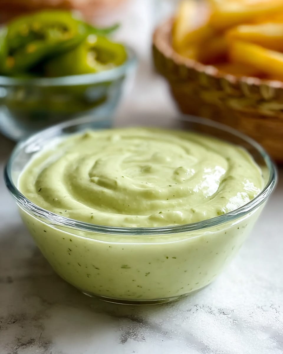 A clear glass bowl filled with thick, creamy light green sauce with small specks, showing a smooth texture. A woman's hand holding a round, light brown chip dipped halfway into the sauce, lifting some sauce that drips slightly back into the bowl. The bowl sits on a white marbled surface with a few thin slices of pickles nearby, blurred basket of chips in the background. photo taken with an iphone --ar 4:5 --v 7