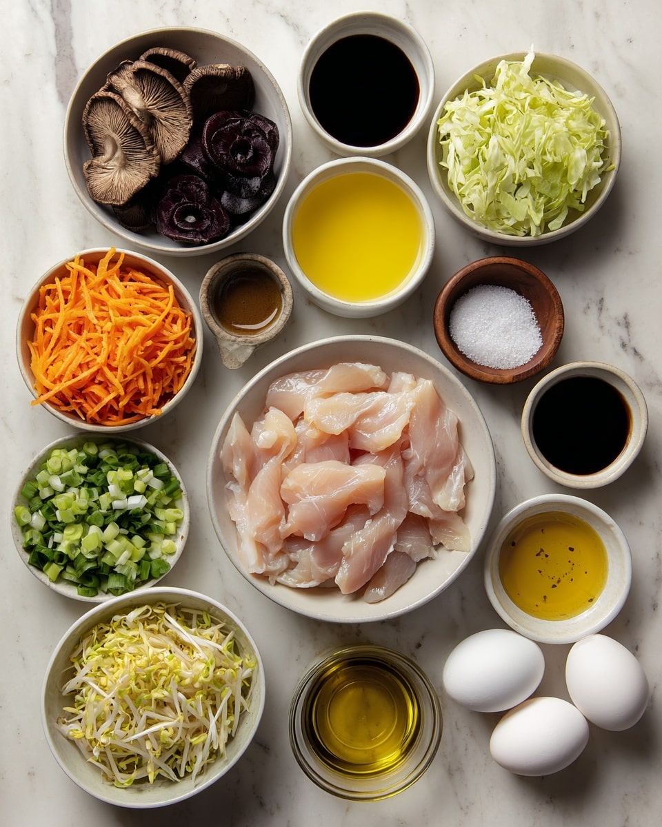 The image shows a top view of multiple white bowls and small containers arranged on a white marbled surface, each filled with different fresh ingredients. At the center is a white bowl filled with raw, light pink chicken slices. Surrounding it are smaller white bowls containing dark brown shiitake mushrooms, green chopped green onions, a colorful slaw mix of shredded cabbage and carrots, bright yellow-orange orange juice, dark brown hoisin sauce, light yellow avocado oil, and pale yellow garlic slices. There are also small containers holding light golden rice wine vinegar, darker sesame oil, black soy sauce, white mung bean sprouts, and a small brown bowl with salt and black pepper. Two white eggs are placed beside the soy sauce bowl. The scene is bright and clean, with each ingredient clearly visible. photo taken with an iphone --ar 4:5 --v 7