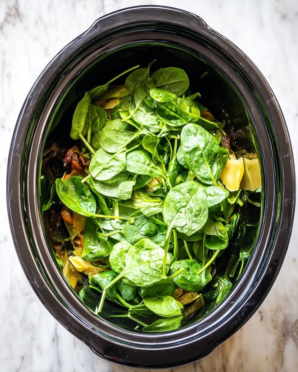 A black oval slow cooker filled with three visible layers: the bottom layer shows browned cooked pieces with a slightly crispy texture; the middle layer has light yellow pieces that look soft and smooth; the top layer is covered with fresh, bright green spinach leaves loosely spread and slightly wilted. The slow cooker sits on a white marbled surface. Photo taken with an iphone --ar 4:5 --v 7