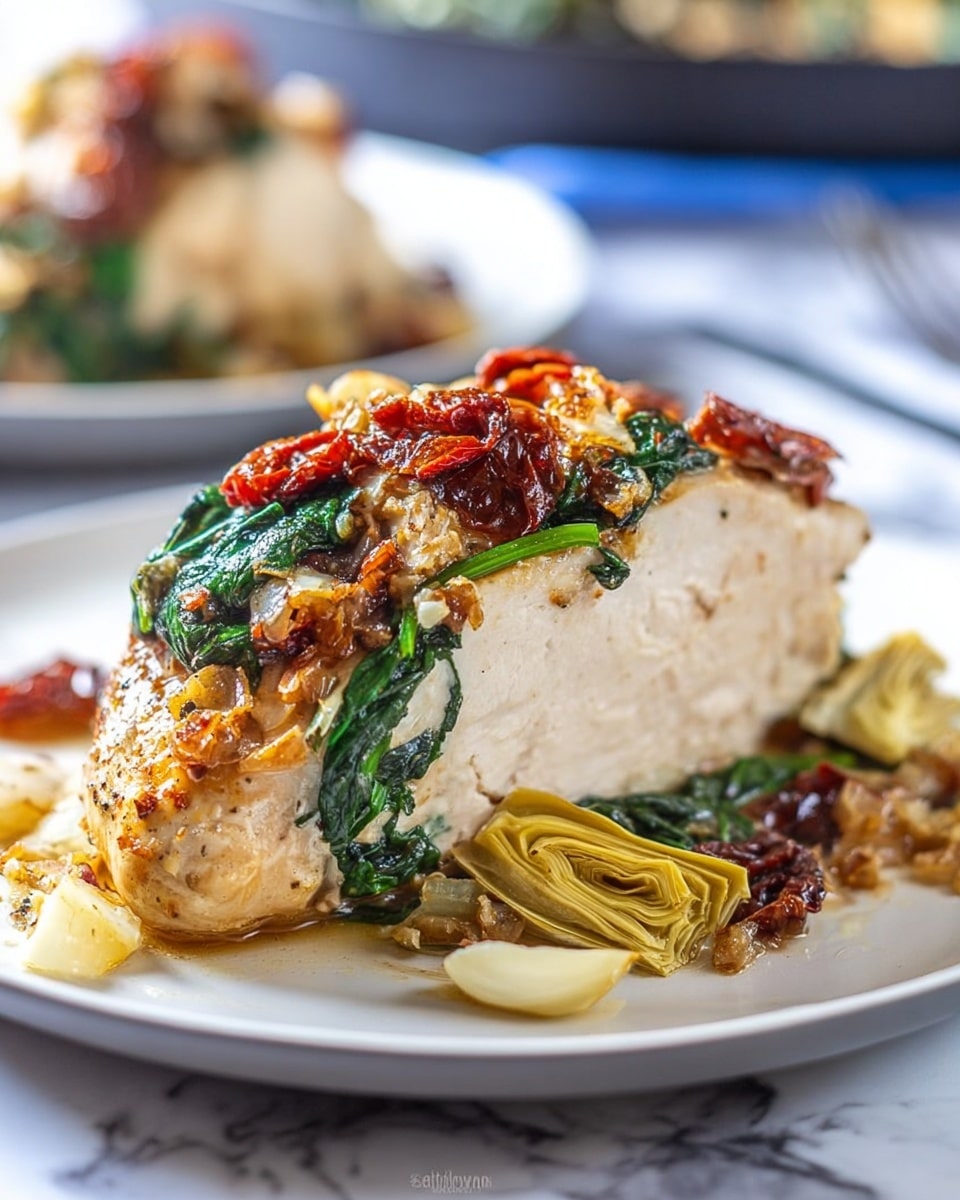 A piece of cooked chicken is placed on a white plate, showing a creamy white inside and a light brown cooked outside. On top of the chicken, there are layers of dark green spinach leaves, reddish-brown sun-dried tomatoes, and light yellow artichoke hearts. Around the chicken, some cooked onions and small bits from the toppings are scattered. The plate sits on a smooth white marbled surface. The background is softly blurred with another similar plate visible. photo taken with an iphone --ar 4:5 --v 7