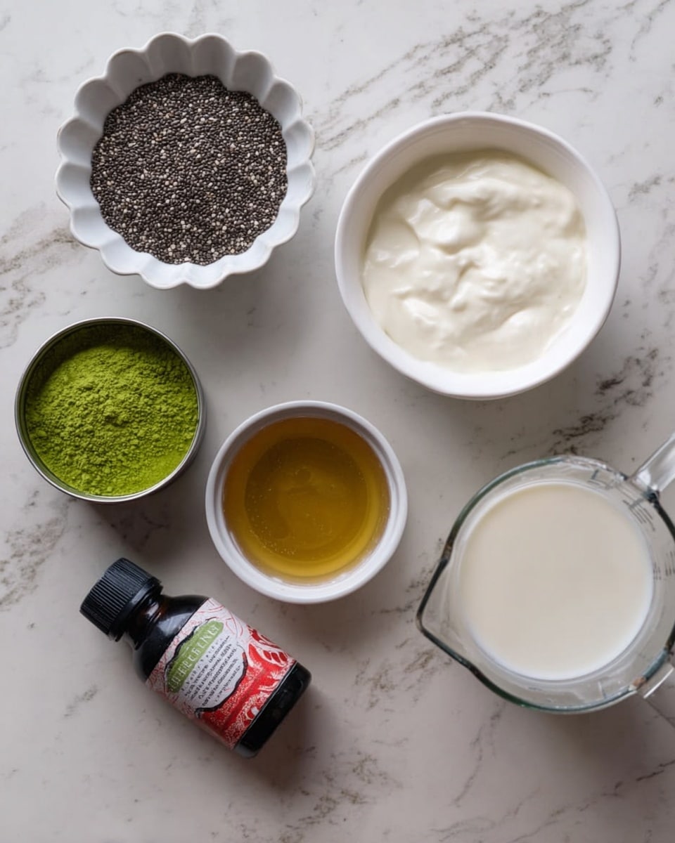 The image shows six containers with different ingredients arranged on a white marbled surface. At the top left, there is a white scalloped bowl filled with small black and white chia seeds. Next to it on the right is a white bowl with creamy white yogurt that looks smooth and thick. Below the chia seeds, there are two small metal tins, one containing bright green matcha powder and the other with a lighter green powder. In the middle, there is a small white bowl filled with golden brown honey. Near the honey, a black bottle with a red and white label lies on its side. On the bottom right, there is a clear measuring cup filled with white milk. Photo taken with an iphone --ar 4:5 --v 7