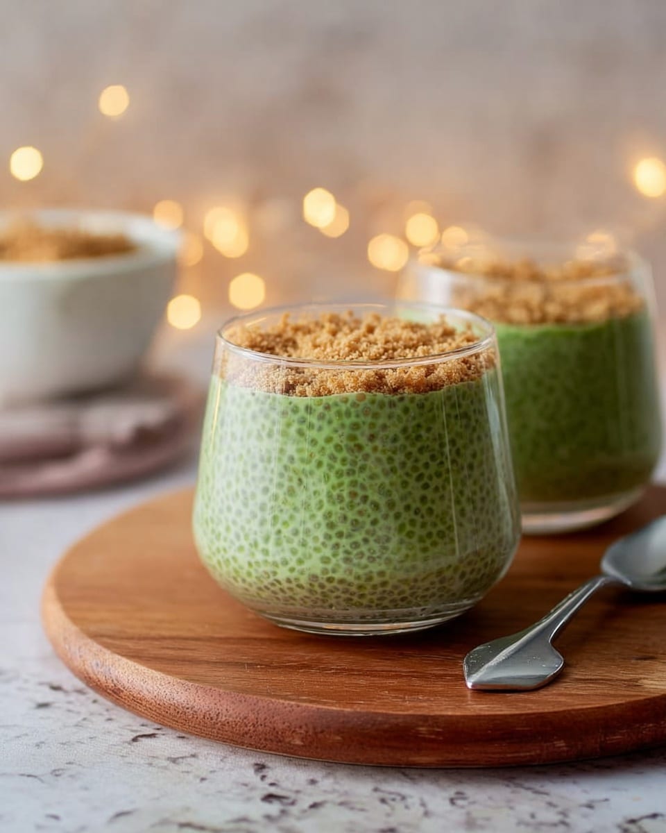 A close-up view of a clear glass filled with three layers: the bottom layer is a light green creamy chia pudding with small visible chia seeds, the middle layer is the same green chia pudding, and the top layer is a sprinkle of golden-brown toasted coconut flakes scattered all over, adding texture. Above the glass, a silver spoon held by a woman’s hand lifts some of the green pudding with toasted coconut flakes, showing the thick and slightly bumpy pudding texture. In the blurred background, there are two bowls, one filled with more toasted coconut flakes and the other with green chia pudding, all placed on a white marbled surface. photo taken with an iphone --ar 4:5 --v 7