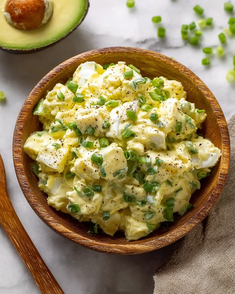 A close-up of a wooden spoon holding a creamy salad with layers of pale yellow egg slices, light green celery pieces, and white creamy dressing mixed together, all sprinkled with small black pepper bits; the background shows a wooden bowl filled with the same salad resting on a white marbled surface with a blurry green avocado slice nearby; photo taken with an iphone --ar 4:5 --v 7