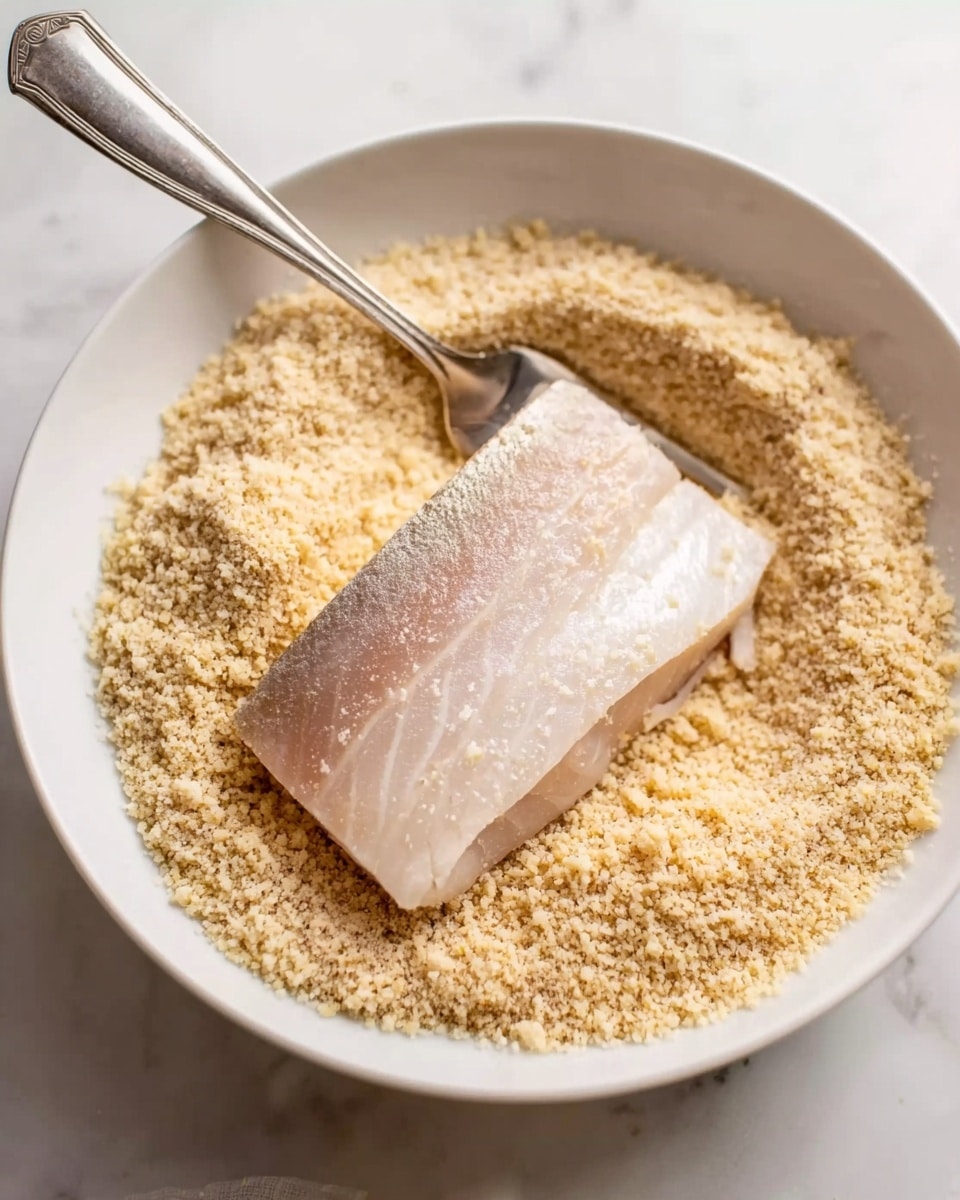 A white bowl filled halfway with coarse, light tan breadcrumbs, slightly uneven in size and texture. In the middle of the bowl, a thick pale pinkish-white fish fillet with shiny, smooth skin on top is resting on the breadcrumbs. A silver fork with a long handle lies partially buried in the breadcrumbs at the back of the bowl. The bowl sits on a white marbled surface. photo taken with an iphone --ar 4:5 --v 7