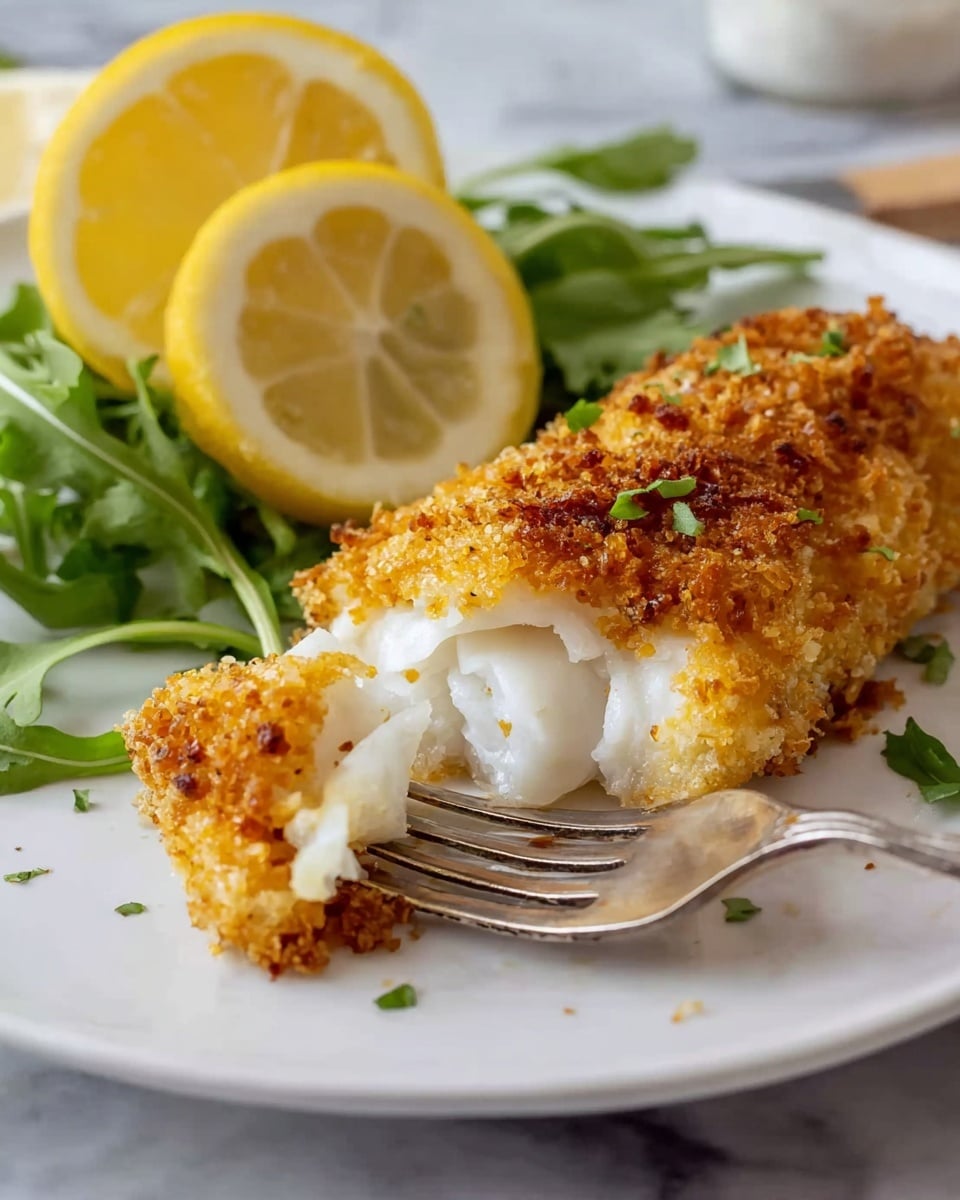 A white plate shows a golden brown, crispy fried fish fillet with a crunchy texture on top. A piece of white flaky fish is held on a silver fork in front of the fillet. Behind the fish, there are two bright yellow lemon slices standing upright, and some green leafy arugula is placed near the lemon. The background is a white marbled surface. Photo taken with an iphone --ar 4:5 --v 7