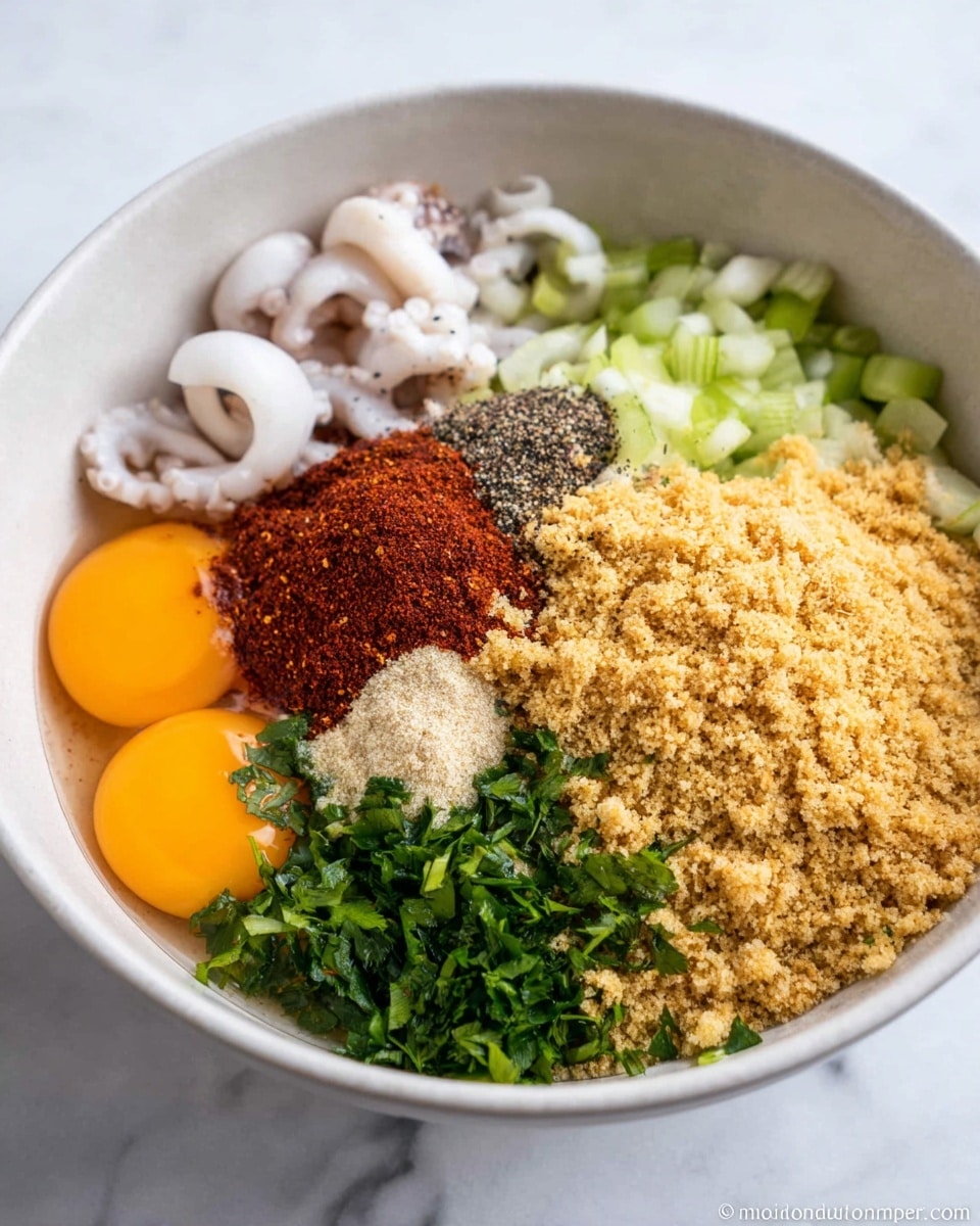 A white bowl sits on a white marbled surface, filled with several distinct ingredients arranged side by side. There are two raw eggs with bright orange yolks positioned in the bottom left corner, next to white rings of raw squid. Above these are dark red-orange spices, finely textured, next to small chopped green celery pieces and finely chopped fresh green herbs. A large pile of golden-brown breadcrumbs takes up a big area on the right, with a sprinkle of black pepper nearby. The mix is fresh with contrasting colors and textures all visible from above. Photo taken with an iphone --ar 4:5 --v 7