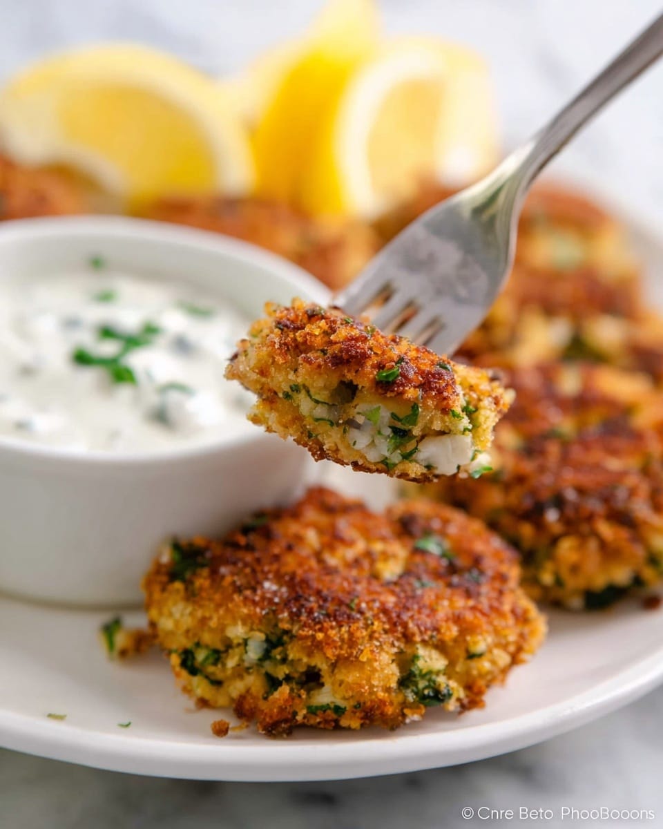 A close-up view of a white plate with crispy golden brown patties made of finely chopped green herbs and white pieces, showing a crunchy texture on top, placed loosely on the plate. One patty is held by a silver fork above a small white bowl filled with thick white sauce that has small green bits in it. In the background, two slices of bright yellow lemon are standing, slightly blurred. The surface beneath the plate is a white marbled texture. photo taken with an iphone --ar 4:5 --v 7