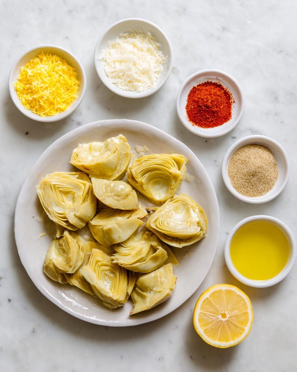 A top view of a white round plate filled with light yellow artichoke halves arranged closely in the center. Surrounding the plate are five small white bowls on a white marbled surface: one with bright yellow lemon zest, white salt, red paprika, and light brown garlic powder arranged in four sections; a second bowl with finely grated white cheese; a third bowl holding a bright yellow olive oil; a fourth bowl with a creamy off-white mayonnaise sauce; and finally a half lemon with bright yellow flesh placed between the mayonnaise and olive oil bowls. The scene is evenly lit, simple, and clean with a white marbled textured background. photo taken with an iphone --ar 4:5 --v 7