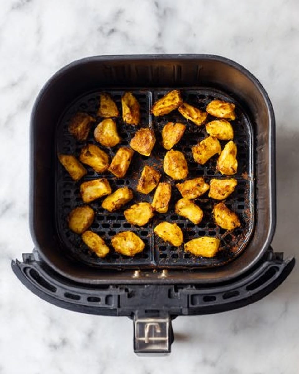 The image shows an open black air fryer basket filled with small, golden-brown cooked pieces of food, evenly spread across the bottom grid inside the basket. The pieces have a slightly crispy texture and a warm yellow and brown color. The air fryer is placed on a white marbled surface. photo taken with an iphone --ar 4:5 --v 7