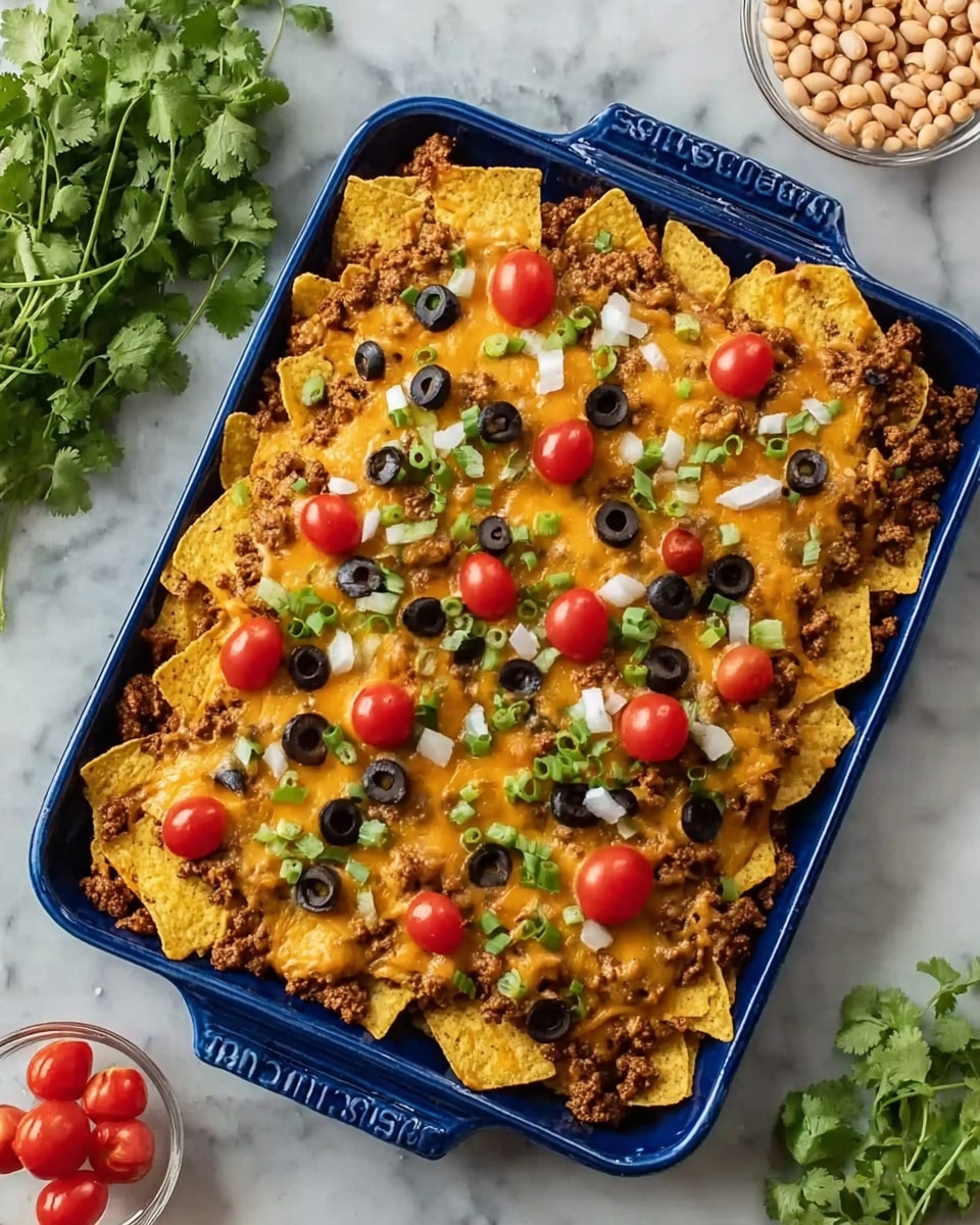 A blue baking dish filled with a layered nacho casserole sits on a white marbled surface, with some fresh cilantro and grape tomatoes in the background. The first layer is made of melted yellow cheddar cheese mixed with a cooked, brownish meat base. On top, crunchy yellow tortilla chips are spread evenly and covered by more melted cheddar cheese. Scattered over the top are halved bright red grape tomatoes, sliced black olives, chopped white onions, and chopped green onions, adding color and texture contrast. The casserole looks warm and freshly baked, with the cheese melted smoothly over the chips and toppings. Photo taken with an iphone --ar 4:5 --v 7