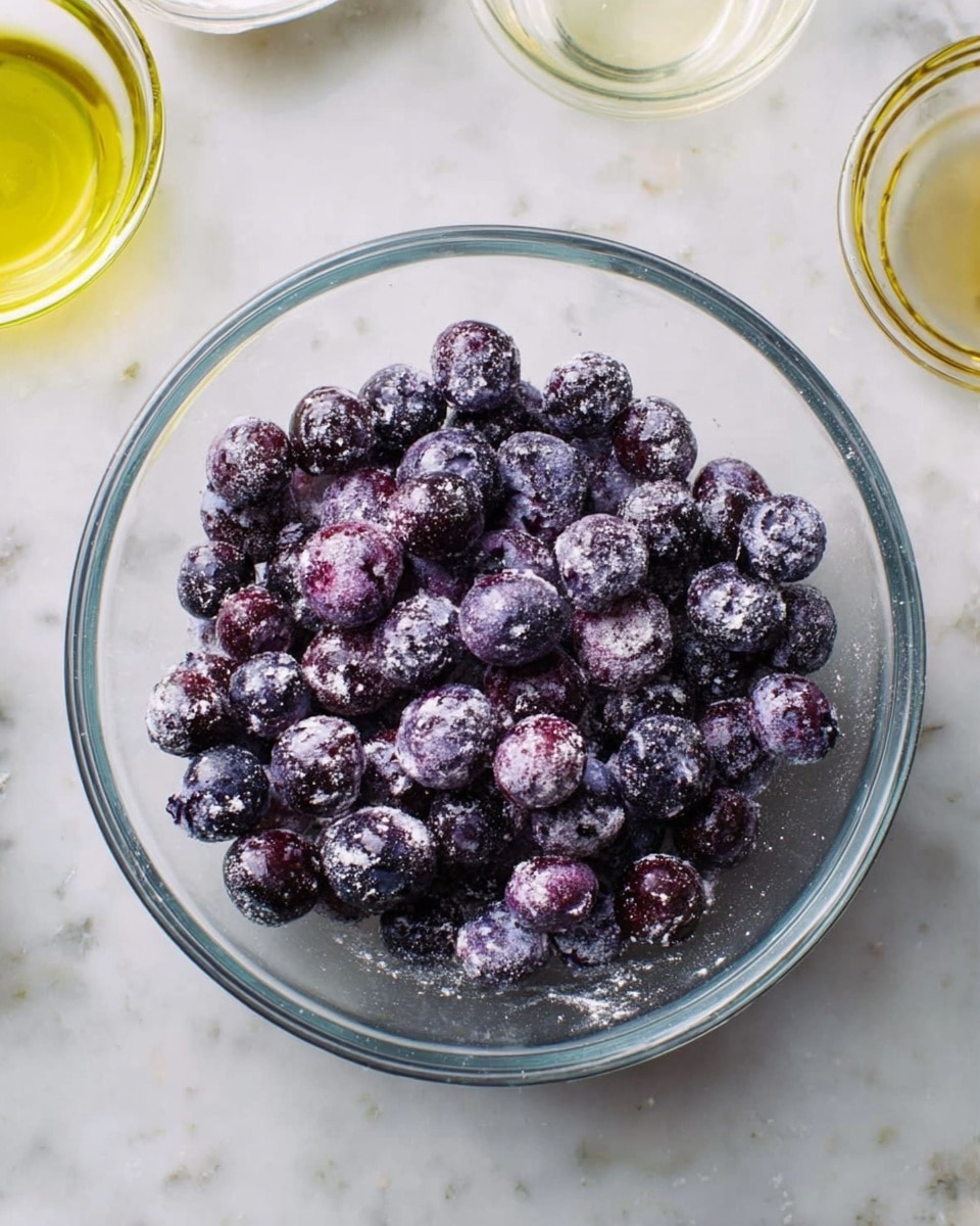 A clear glass bowl filled with dark purple blueberries tossed with a light dusting of white flour, sitting in the center of a white marbled surface. Around the bowl, there are small clear glass bowls containing light yellow oil and a white liquid, partially visible at the edges of the frame. The blueberries have a slightly powdery texture from the flour, creating a contrast with their smooth, round shapes. Photo taken with an iphone --ar 4:5 --v 7