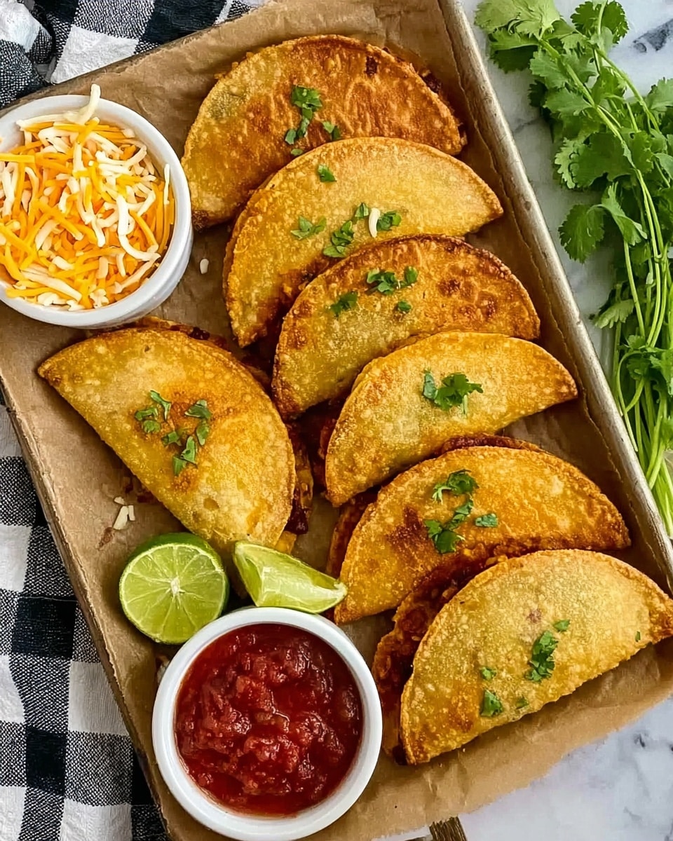 A close-up of a crispy, golden-brown taco shell filled with melted cheese and browned meat, being held by a woman's hand with bright pink nail polish. The taco is partly dipped in a small white ramekin filled with thick, chunky red salsa. In the background, there is a bunch of fresh green cilantro on a white marbled surface. A wedge of lime and part of another taco are also visible on the side. photo taken with an iphone --ar 4:5 --v 7