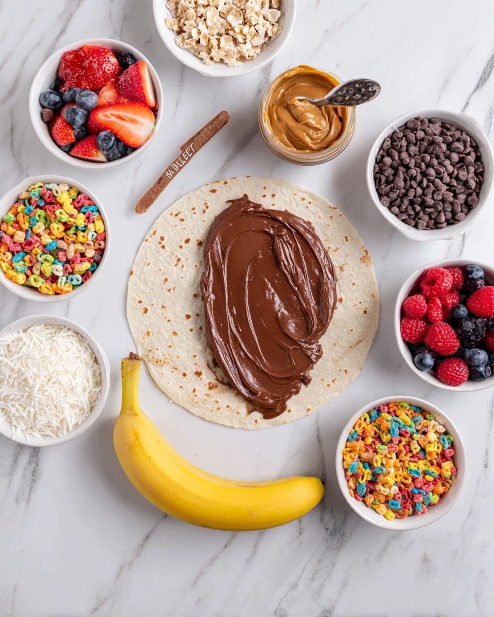 A flat white tortilla is spread with a thick, even layer of chocolate spread on the left side, while a peeled whole banana lies on the right side of the tortilla. Surrounding the tortilla on a white marbled surface are small white bowls filled with colorful cereals, shredded coconut, chocolate chips, fresh berries (strawberries, raspberries, and blueberries), and peanut butter with a spoon inside. The bright colors of the cereals and berries contrast with the smooth, rich brown chocolate spread and the yellow banana. Photo taken with an iphone --ar 4:5 --v 7