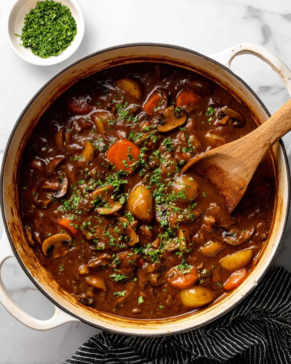 The image shows a white pot filled with a thick brown stew. The stew has many visible ingredients like sliced mushrooms, round slices of carrot, green herbs, and chunks of potato. The sauce looks rich and smooth with a slightly shiny texture. On top, fresh chopped green herbs are sprinkled for garnish. A wooden spoon is resting inside the pot, partially covered by the stew. The pot sits on a white marbled surface with a small white bowl of chopped green herbs above it. A black and white striped cloth is under the pot handle on the right side. photo taken with an iphone --ar 4:5 --v 7