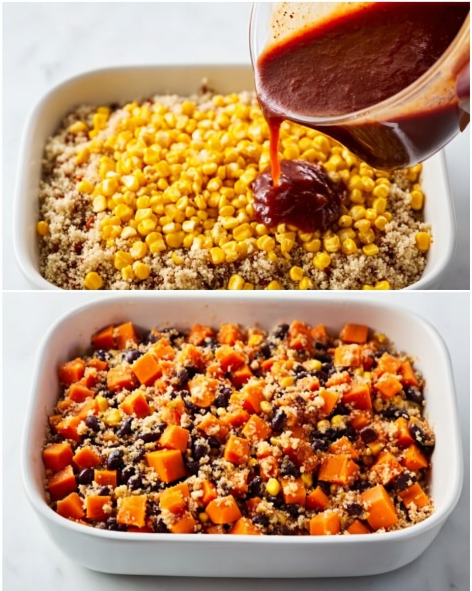 A white rectangular dish on a white marbled surface is filled with three distinct layers. The bottom layer is a mix of small, diced sweet orange carrots and some black beans scattered evenly. Above this is a layer of a grain-like mixture with a pale beige color, appearing soft and fluffy. The top layer consists of bright yellow corn kernels covering the entire dish. In the second image, a woman's hand is pouring a thick, dark red sauce over the layered ingredients. The scene is bright and the dish looks ready to be cooked or served. photo taken with an iphone --ar 4:5 --v 7