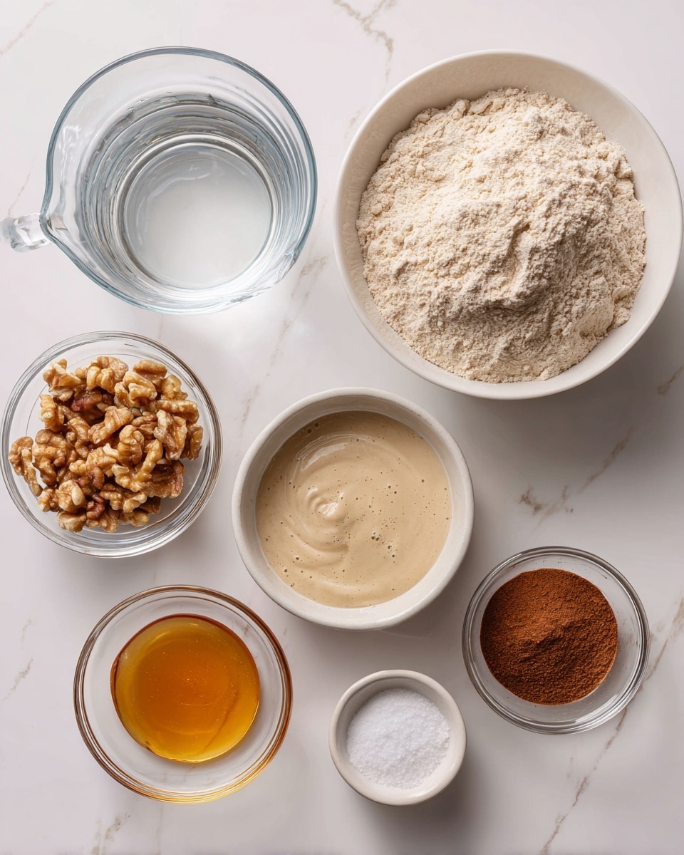 The image shows seven glass and ceramic bowls and a measuring cup on a white marbled surface, each filled with different ingredients. The largest bowl in the top right corner holds light beige flour with a slightly rough texture. To its left is a clear glass measuring cup filled with water. Below the flour bowl is a small white ceramic bowl with light beige starter that looks creamy and bubbly. To the right of the starter is a small clear glass bowl with honey, showing a smooth, shiny, amber-colored liquid. At the bottom left, a clear glass bowl is filled with uneven, rough, dark brown walnuts. Next to it, a shallow white bowl contains cinnamon which is smooth and reddish-brown. Finally, a small clear glass bowl of fine white salt sits between the cinnamon and honey bowls. Each bowl is neatly arranged and has a label in black text identifying the ingredient photo taken with an iphone --ar 4:5 --v 7
