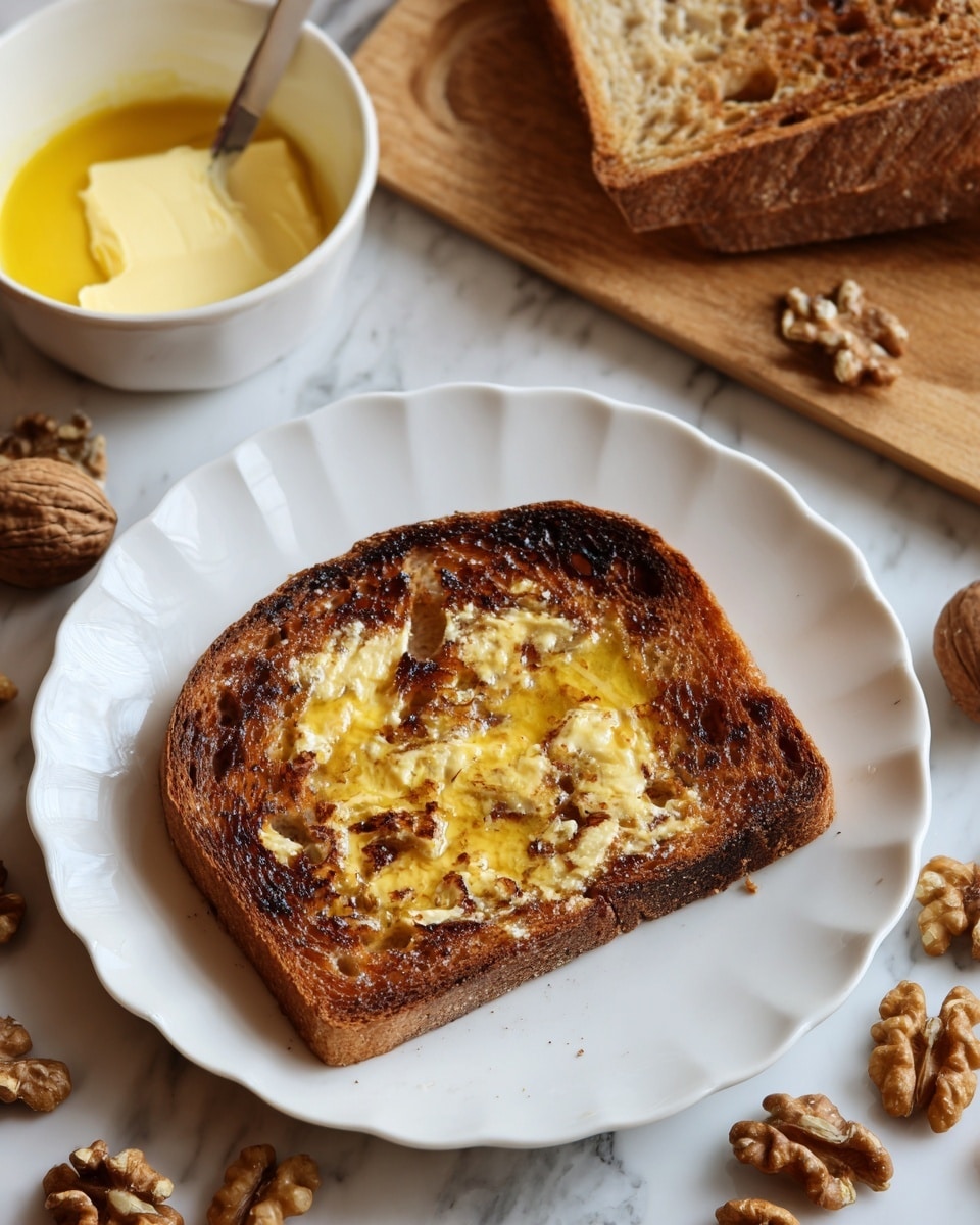 A single slice of toasted bread with a dark brown crust and a golden-brown, crispy surface is placed in the center of a white scalloped plate. The top of the bread has melted butter spread unevenly, creating shiny yellow patches mixed with darker toasted spots. Around the plate are scattered whole walnuts, and in the background, a larger piece of similar bread and a white bowl filled with smooth yellow butter rest on a wooden table. The whole scene sits on a white marbled surface. Photo taken with an iphone --ar 4:5 --v 7