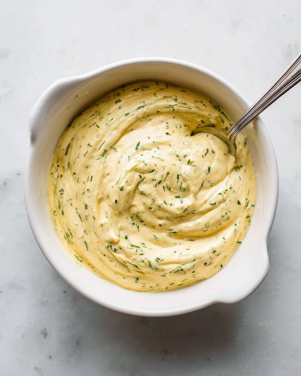 A white round bowl with two small handles holds a thick, creamy sauce that is pale yellow with small green herb pieces mixed throughout. The sauce is smoothly swirled on top, creating gentle peaks and soft curves. A silver spoon rests inside the bowl, partly submerged in the sauce. The bowl is placed on a white marbled surface, with soft natural lighting highlighting the texture of the creamy sauce. photo taken with an iphone --ar 4:5 --v 7