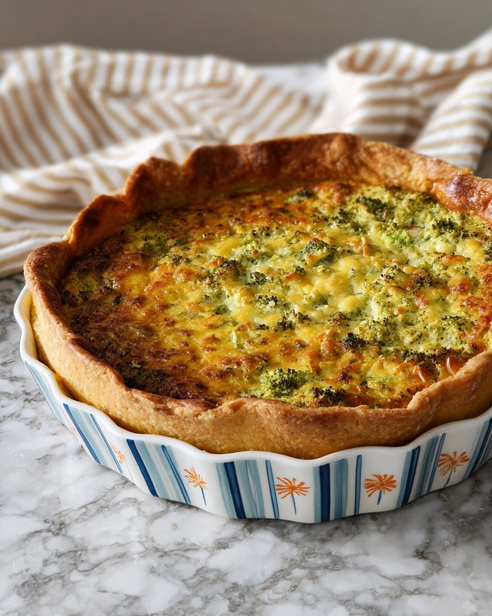 A slice of savory pie sits on a white plate with a light brown rim, showing a golden-brown crust with slightly crisp edges. The pie filling is creamy yellow with bits of green vegetables throughout, and a dollop of white cream topped with small green leaves decorates the top. More leafy greens are scattered next to the slice on the plate. A black fork with a piece of pie is placed in front. In the background, the whole pie is in a round white dish with vertical blue and white stripes on its side, and the setting rests on a white marbled surface. Photo taken with an iphone --ar 4:5 --v 7