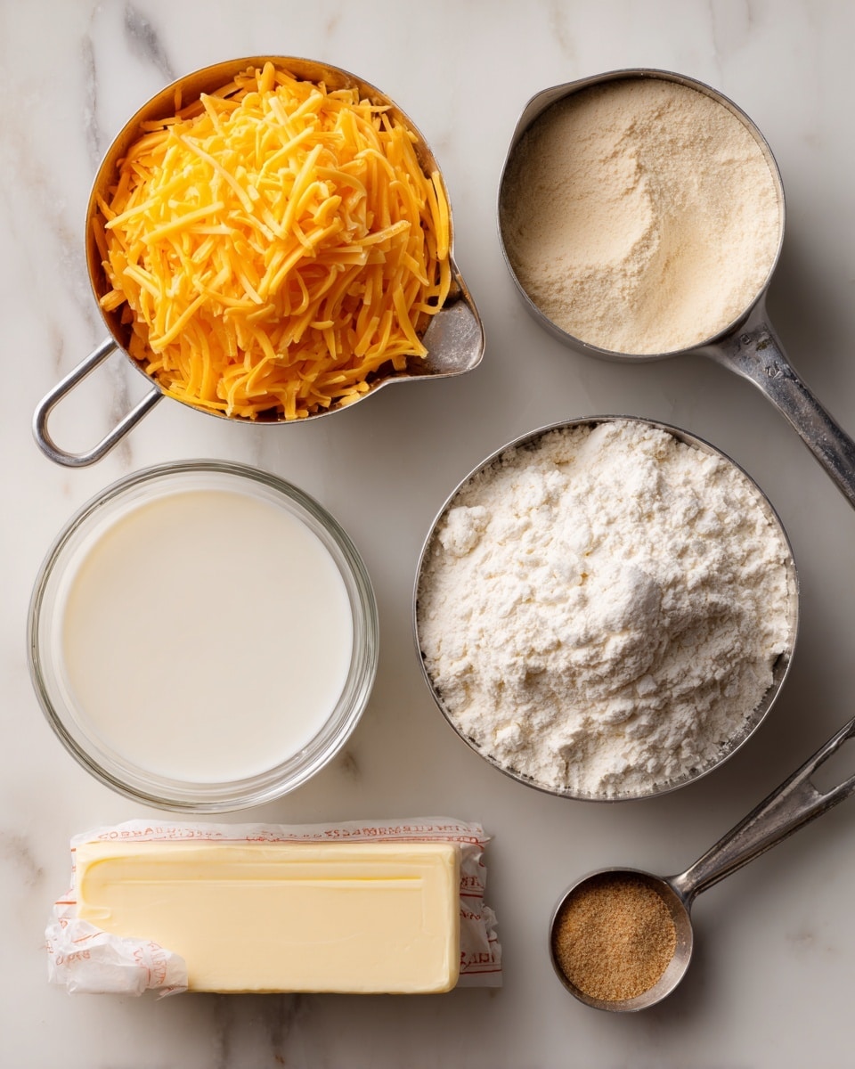 The image shows six cooking ingredients placed separately on a white marbled surface. At the top left, there is a metal measuring cup filled with shredded bright orange cheddar cheese. To the right, a smaller metal measuring cup holds a light beige sourdough starter. Below these, a median-sized glass measuring cup contains white milk with a smooth surface. Next to it, to the right, is a metal measuring cup filled with fine, white all-purpose flour. Below the milk, there is a rectangular stick of pale yellow butter wrapped in paper with red and white text. At the bottom, a small metal measuring spoon holds a light brown powder of nutmeg. Each ingredient is clearly labeled with black text on white background. photo taken with an iphone --ar 4:5 --v 7