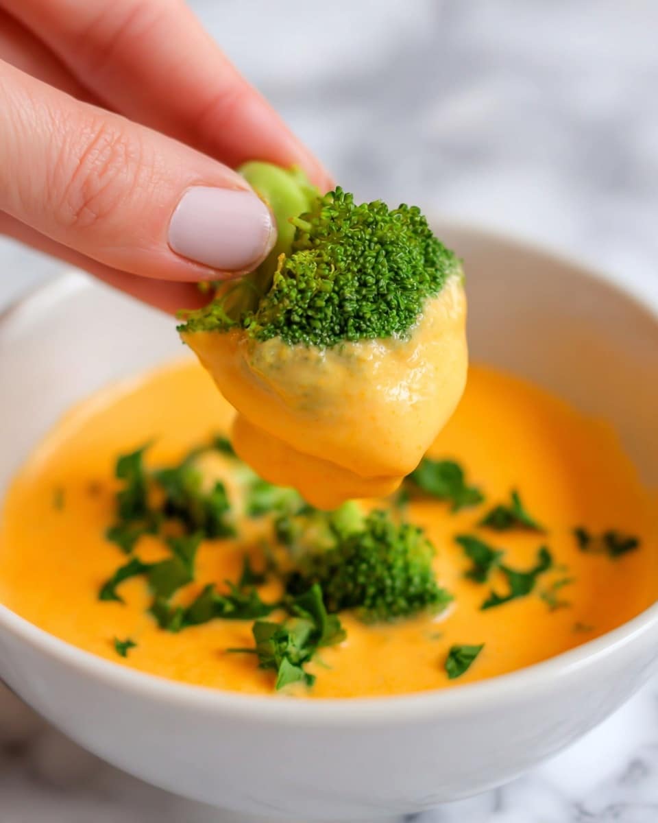 A close-up of a green broccoli floret dipped halfway into a smooth, bright orange cheese sauce inside a white bowl. The cheese sauce looks creamy and thick, covering part of the broccoli's uneven textured florets, while some green parsley leaves float on the surface of the sauce in the background. A woman's hand holds the broccoli delicately above the bowl, with the image set against a white marbled surface. photo taken with an iphone --ar 4:5 --v 7