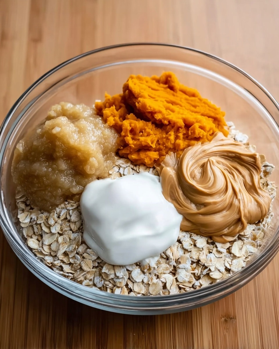 A clear glass bowl shows five different ingredients resting on top of rolled oats that form the bottom layer. On the left side is a scoop of light golden applesauce with a moist texture. Behind it, there is a vibrant orange layer of smooth mashed sweet potatoes. On the right side of the bowl, a swirl of light brown peanut butter spreads with its creamy and thick texture. In the center sits a dollop of white yogurt with a soft and fluffy look. All ingredients are arranged side by side, sitting on a wooden surface replaced by a white marbled texture. Photo taken with an iphone --ar 4:5 --v 7