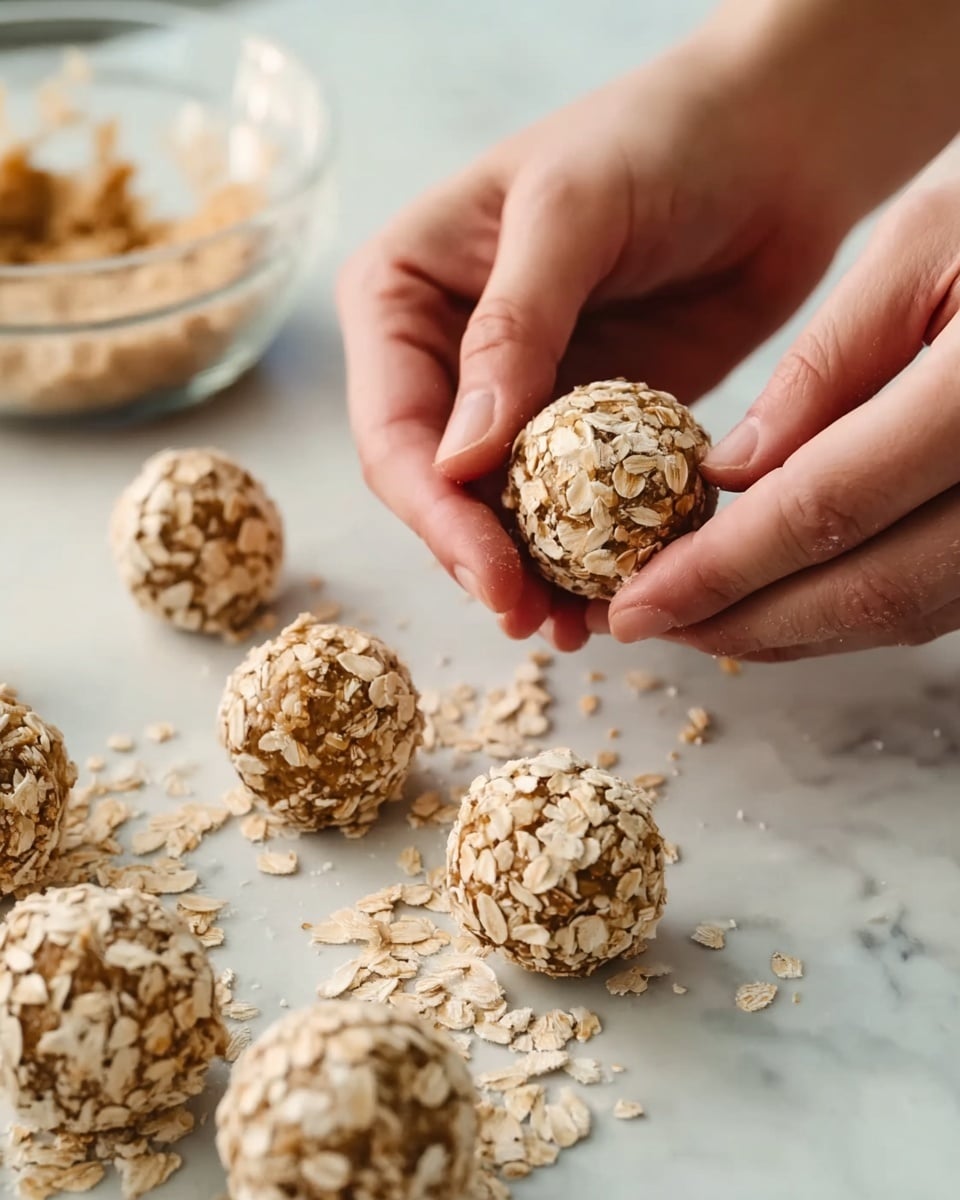 A close-up image shows two woman's hands shaping a round ball coated with oatmeal flakes. The balls are light brown with a rough texture, covered fully in pale oat flakes. Several similar balls are placed on a white marbled surface, scattered around with loose oat flakes. In the background, a clear glass bowl filled with the same light brown mixture is slightly blurred. The scene focuses on the hands rolling the ball, showing detail in the oats and the smooth yet coarse surface of the balls photo taken with an iphone --ar 4:5 --v 7