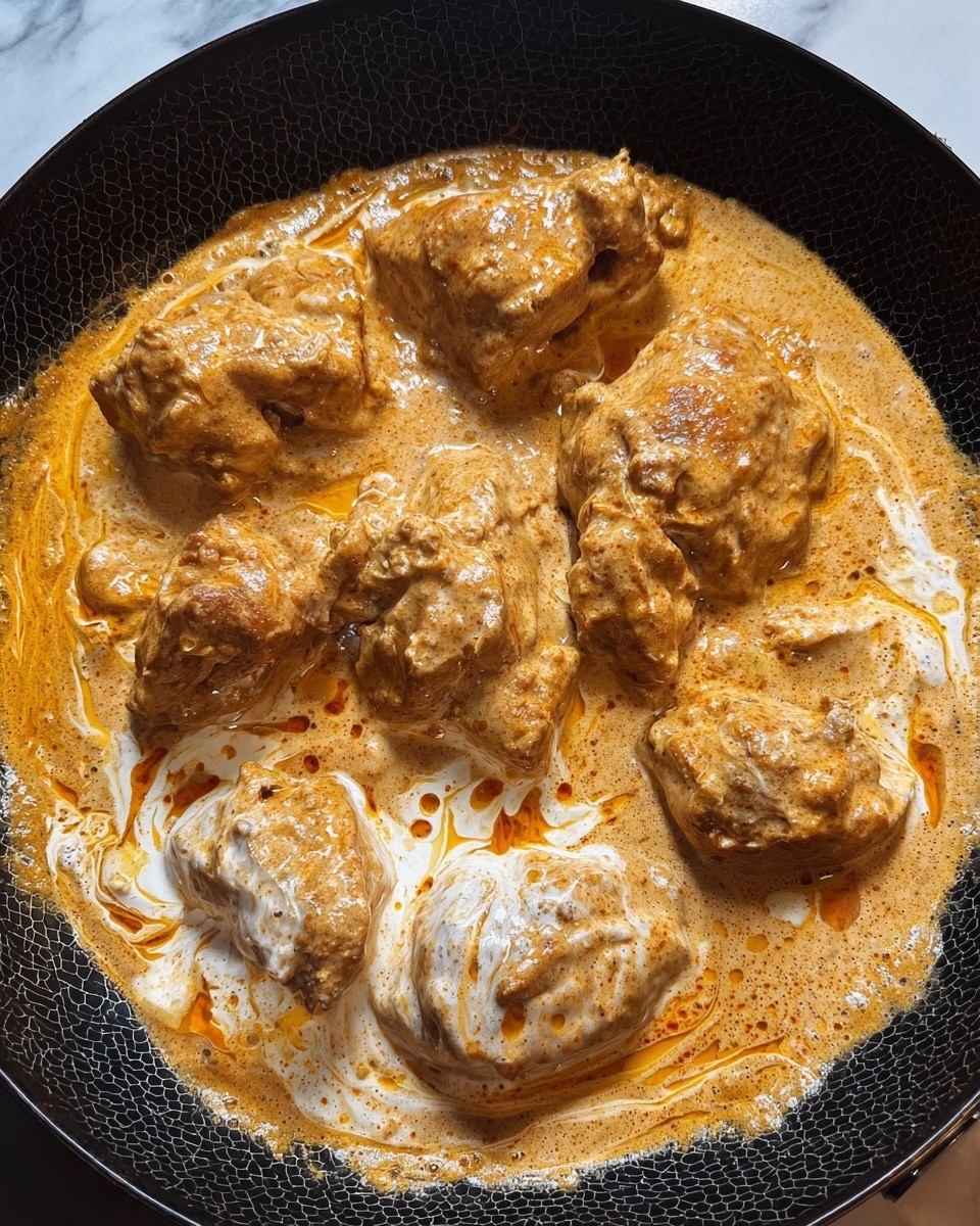 The image shows a round black pan with a hexagonal pattern holding seven large pieces of chicken covered in a rich, creamy sauce. The sauce is thick and smooth with a light brown color mixed with white swirls, possibly from cream or yogurt, and streaks of vibrant orange oil floating on top. The chicken pieces are arranged inside the pan, partially submerged in the sauce, with some pieces slightly browned and others pale but coated well. The sauce texture looks velvety with tiny bubbles around the edges. All of this sits on a white marbled surface. photo taken with an iphone --ar 4:5 --v 7