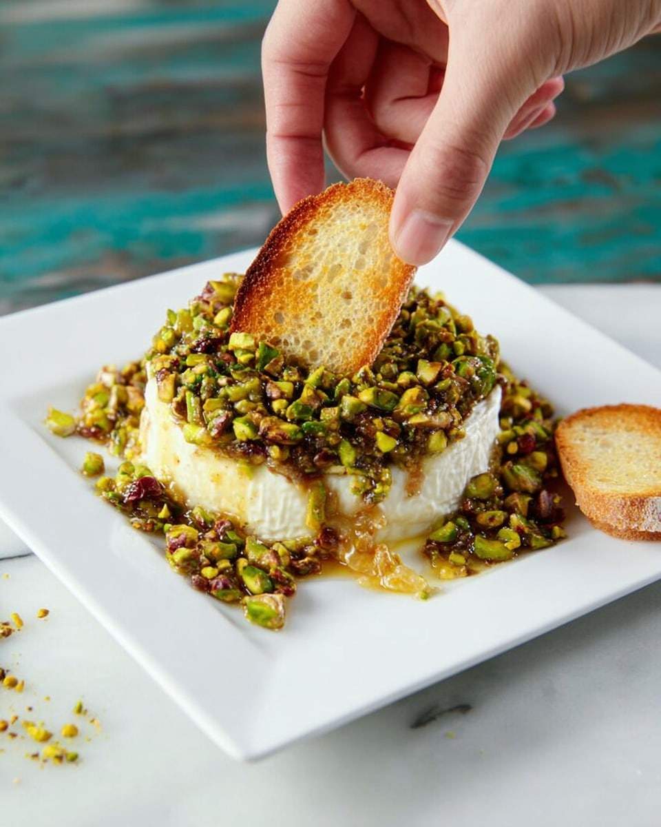 A round, creamy white cheese wheel sits in the center of a white square plate, topped with a thick layer of chopped green pistachios mixed with a dark, sticky glaze. A woman's hand is holding a small, golden-brown toasted sesame bread slice dipped into the soft cheese, which is slightly melted and oozing onto the plate. The plate is on a white marbled surface with some crushed pistachio bits scattered nearby. Photo taken with an iphone --ar 4:5 --v 7