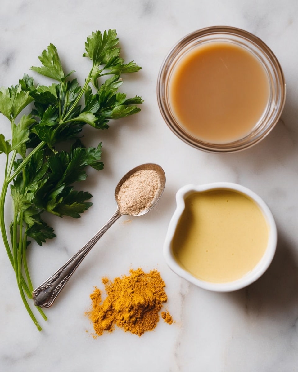 The image shows a flat lay of cooking ingredients placed on a white marbled surface. At the top right, there is a round glass bowl filled with a light brown liquid. Below and to the right of the bowl, there is a small white cup containing a smooth, creamy yellow sauce. Near the creamy sauce, there is a small pile of bright yellow powder, likely a spice. To the left, a silver spoon holds a fine, light brown powder. At the bottom left corner, a small bunch of fresh green parsley leaves rests with a woman’s hand not visible but implied nearby. photo taken with an iphone --ar 4:5 --v 7