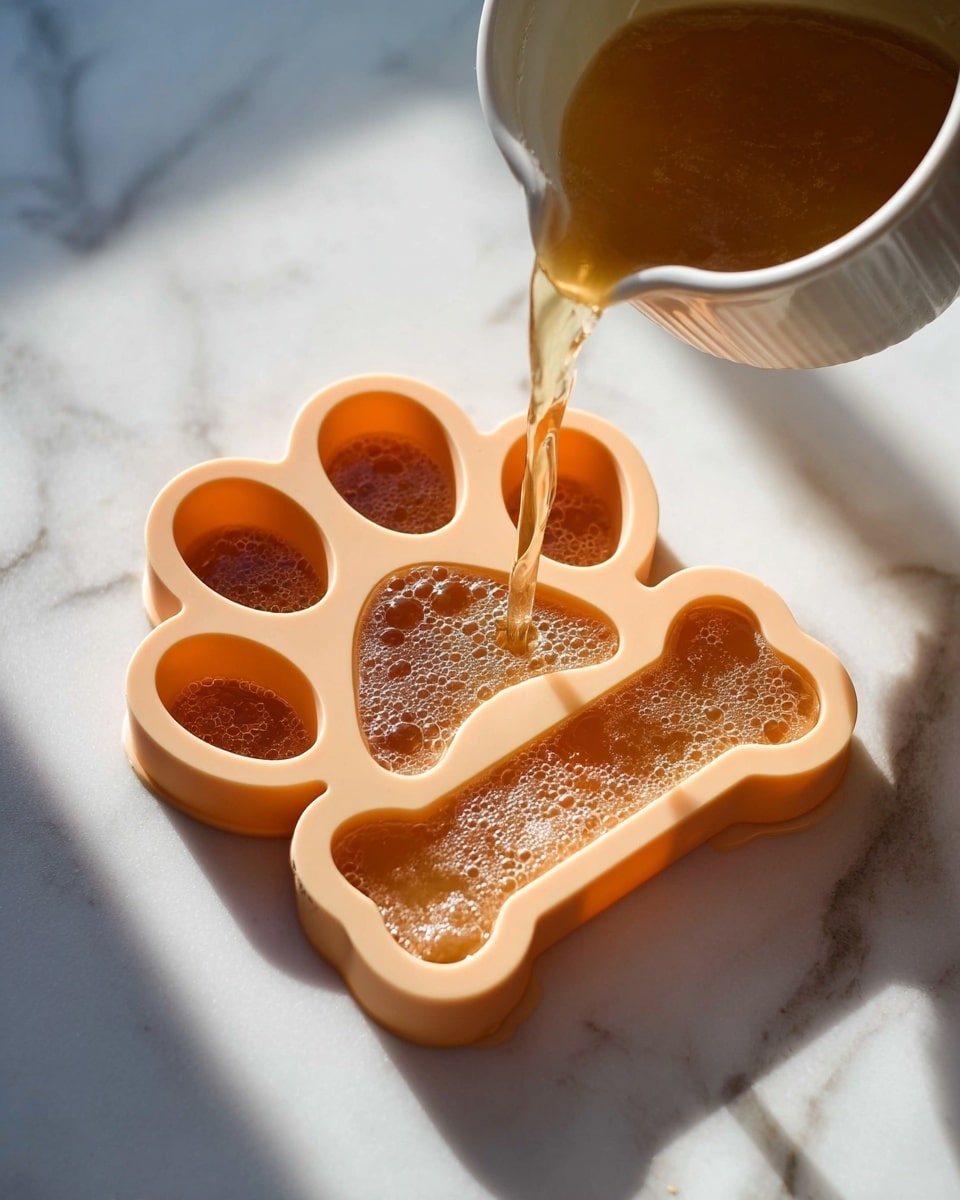 A light orange silicone mold shaped like a dog paw and bone is on a white marbled surface, filled with a golden brown liquid being poured from a white bowl. The mold has one large paw pad section, four smaller toe sections, and a large bone section, all partly filled with the liquid that shows small bubbles on the surface. Soft shadows fall across the scene from sunlight. Photo taken with an iphone --ar 4:5 --v 7