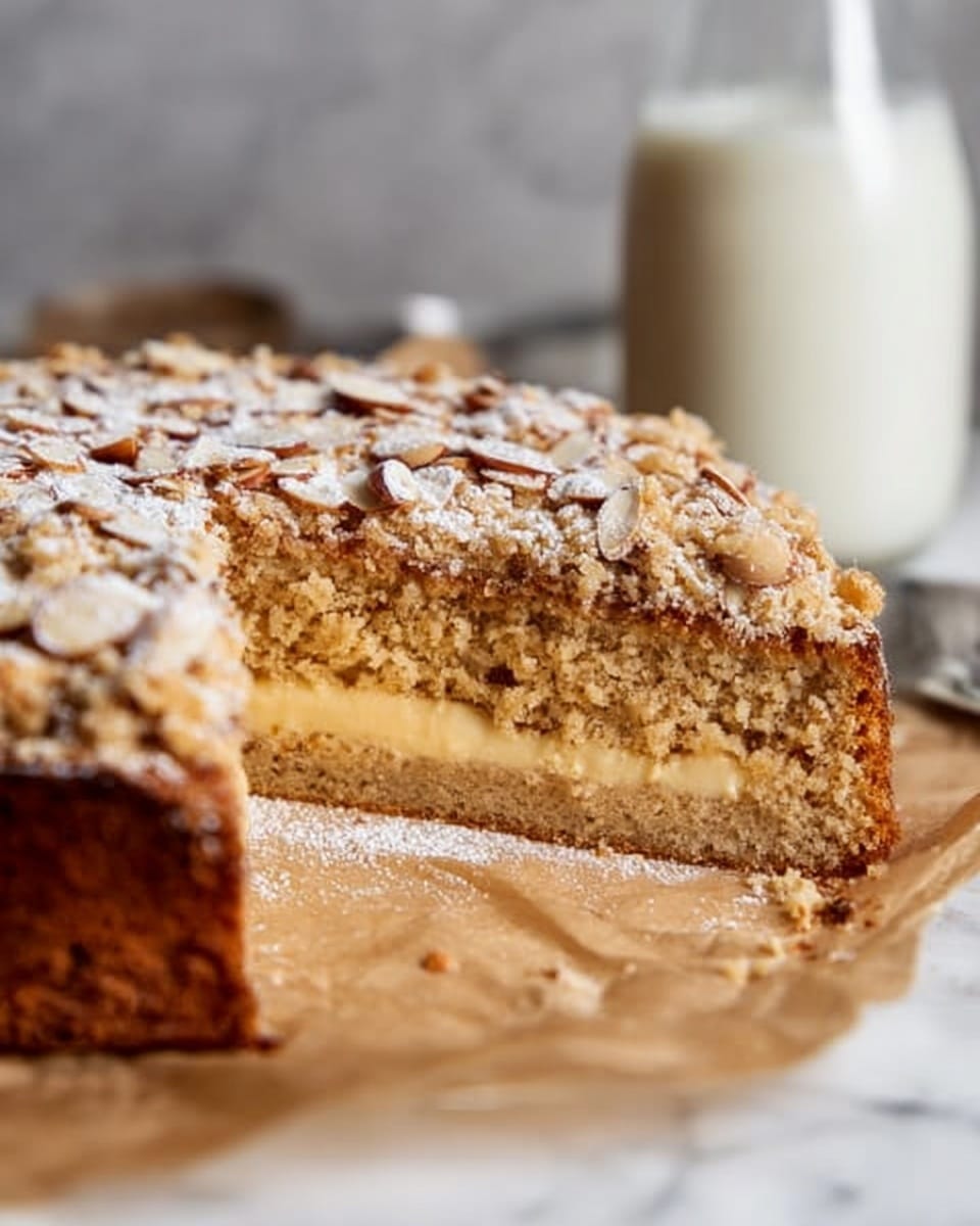 The image shows a close-up of a round cake with three clear layers: the bottom layer is a dense, light brown cake base; the middle layer is a creamy, smooth filling in a pale yellow shade; the top layer is a crumbly, golden brown streusel with sliced almonds sprinkled on it and a dusting of powdered sugar. The cake rests on crumpled brown parchment paper placed on a white marbled surface. Behind the cake is a clear glass bottle filled with milk, softly blurred in the background. Photo taken with an iphone --ar 4:5 --v 7