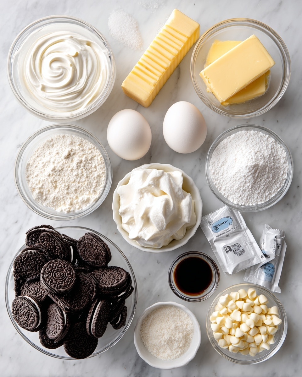 The image shows a collection of clear glass bowls and white wrapped cream cheese blocks arranged on a white marbled surface, each containing different ingredients labeled with bold black text. There are twelve items: a bowl with sour cream, a bowl with melted butter, a wrapped butter stick, a small bowl with marshmallow fluff, a small bowl with cornstarch, a bowl filled with white chocolate chips, a bowl with cream cheese blocks, a bowl of whole Oreo cookies, a bowl of mini Oreo cookies, a bowl of sugar, two whole eggs placed directly on the surface, a bowl with heavy cream, and a small glass bowl with vanilla extract. Each ingredient is neatly placed with clear separation, creating an organized and clean presentation. Photo taken with an iphone --ar 4:5 --v 7